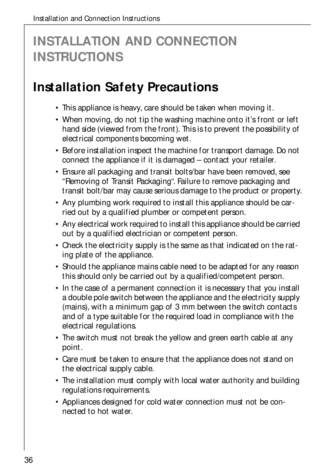 AEG 50720 manual Installation and Connection Instructions, Installation Safety Precautions 