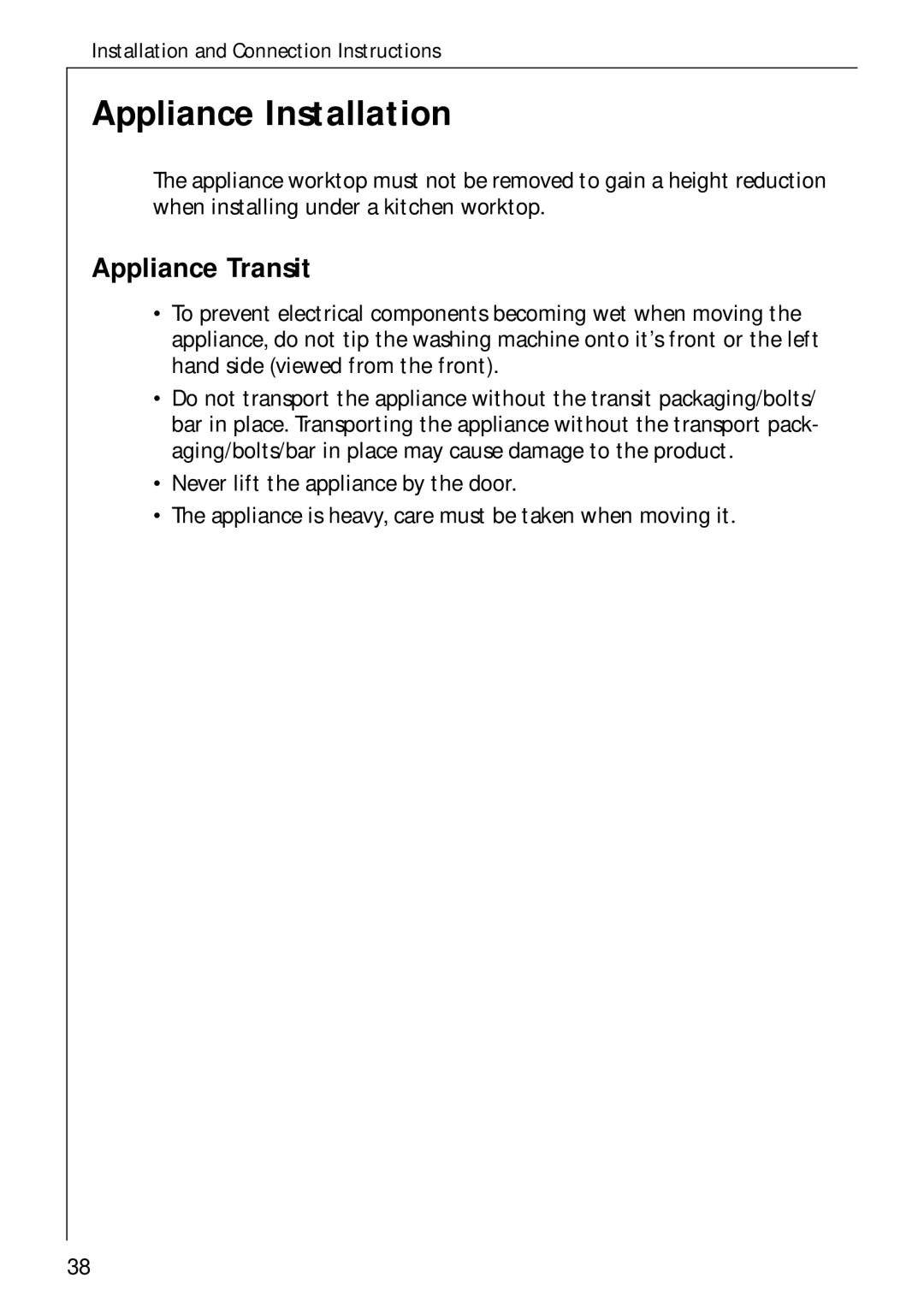 AEG 50720 manual Appliance Installation, Appliance Transit 