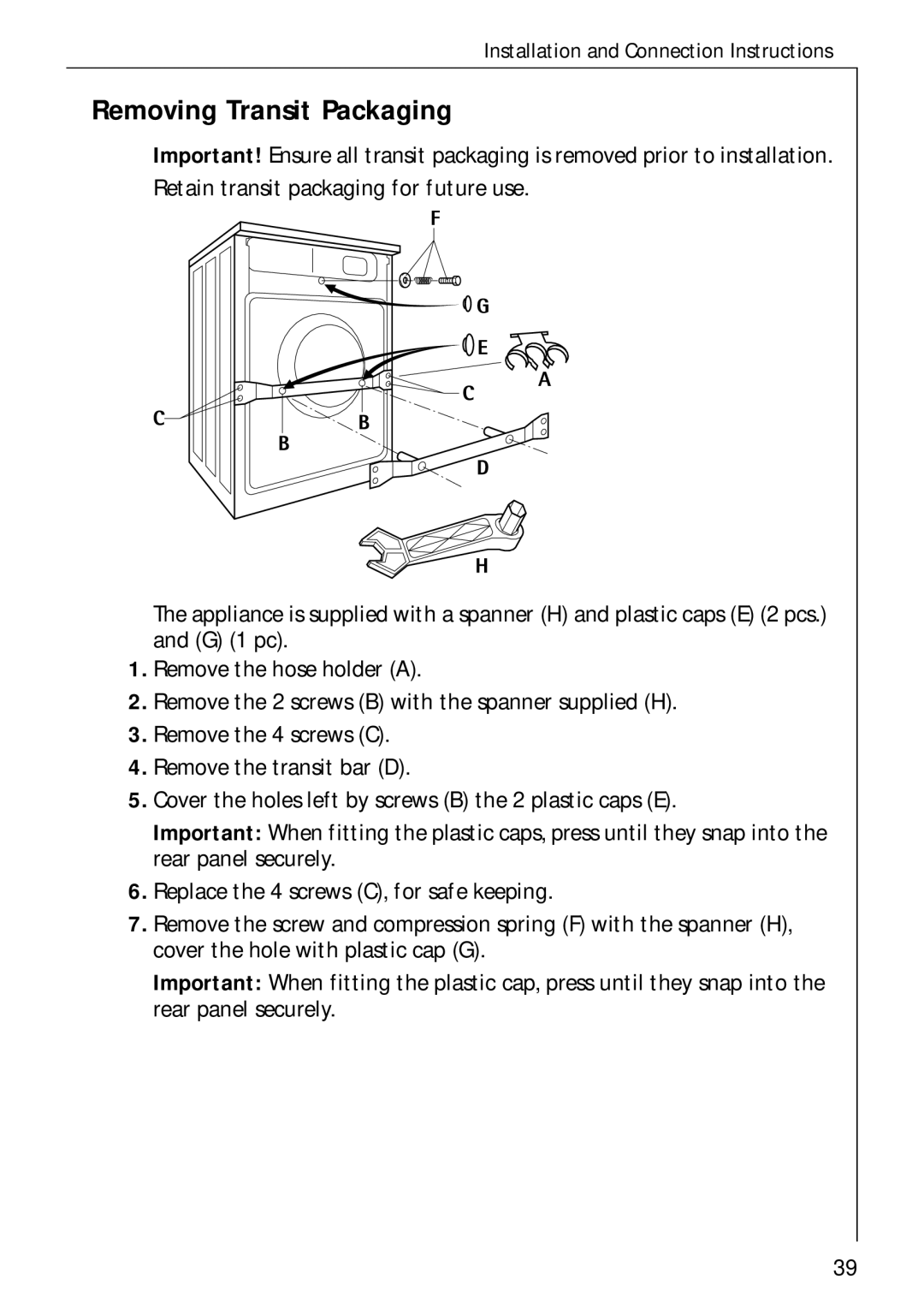 AEG 50720 manual Removing Transit Packaging 