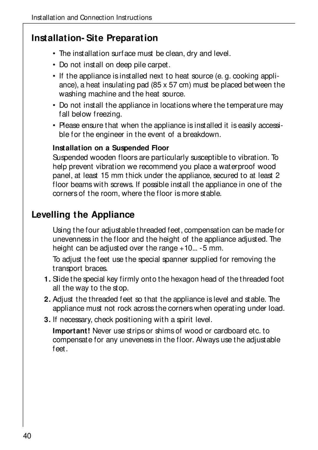 AEG 50720 manual Installation-Site Preparation, Levelling the Appliance, Installation on a Suspended Floor 