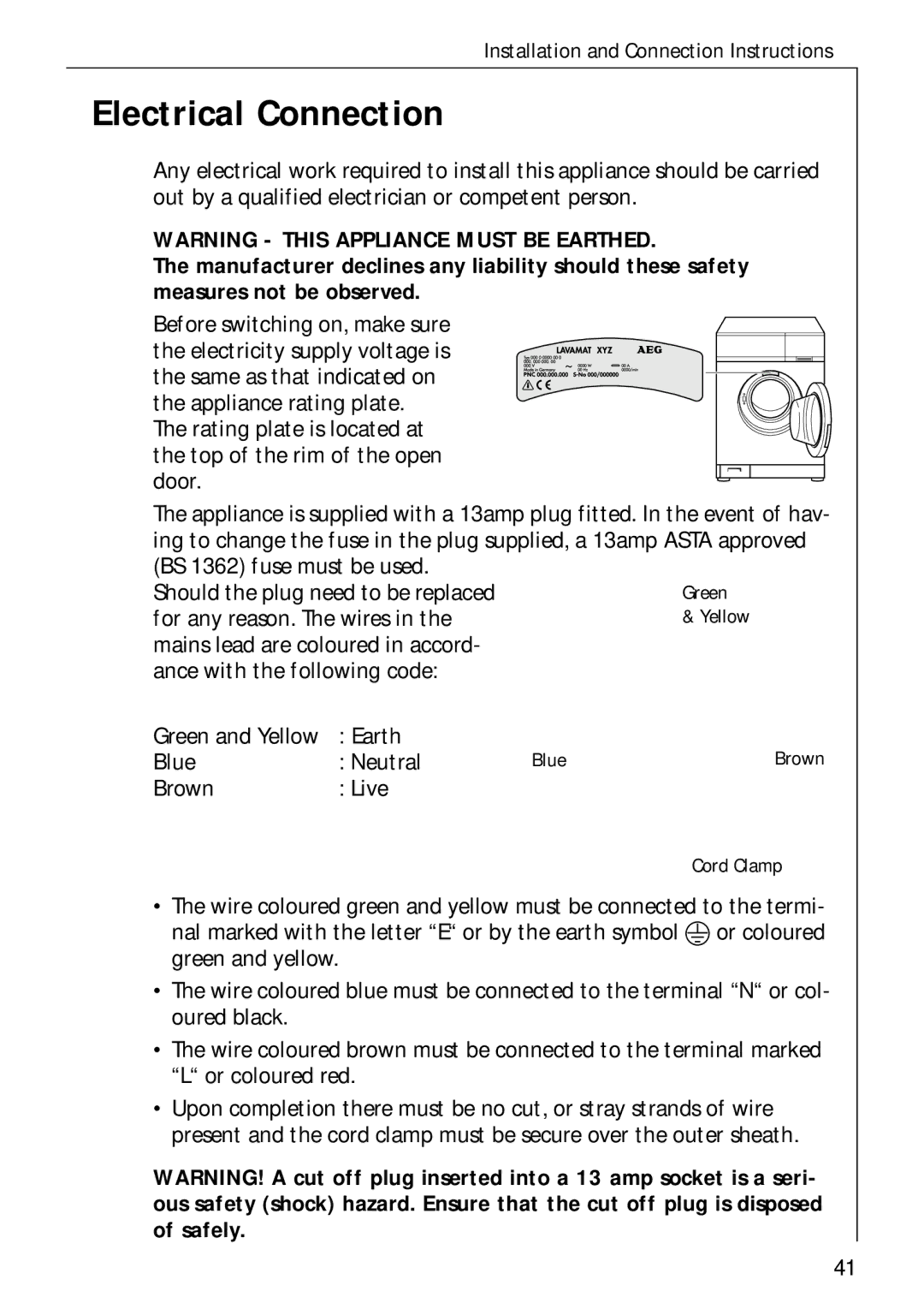 AEG 50720 manual Electrical Connection, Before switching on, make sure 