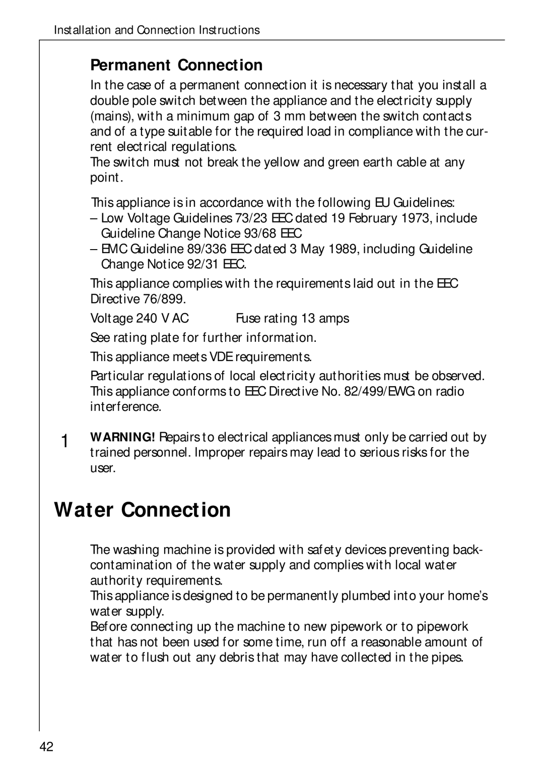 AEG 50720 manual Water Connection, Permanent Connection 