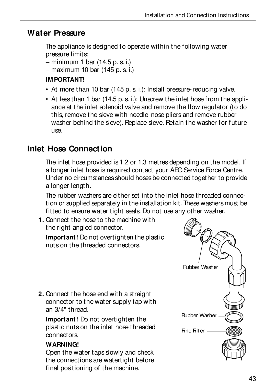 AEG 50720 manual Water Pressure, Inlet Hose Connection 