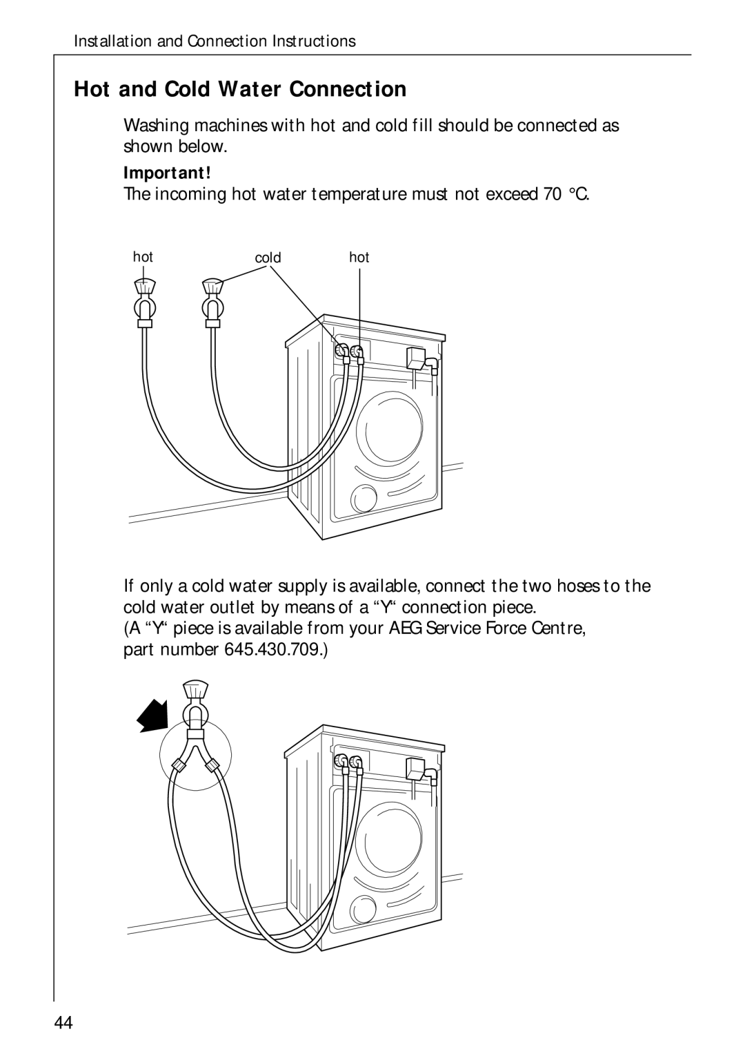 AEG 50720 manual Hot and Cold Water Connection 