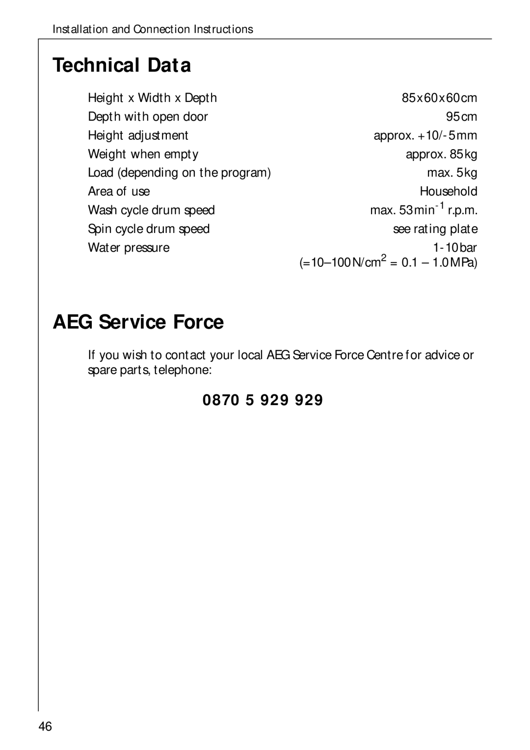 AEG 50720 manual Technical Data, AEG Service Force 