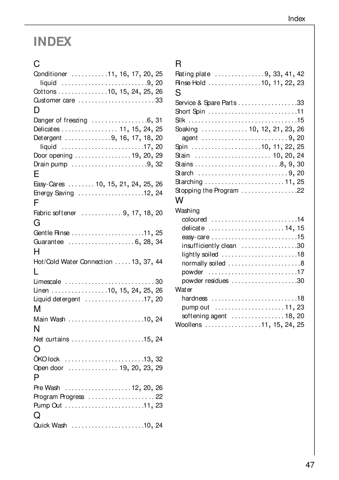 AEG 50720 manual Index 