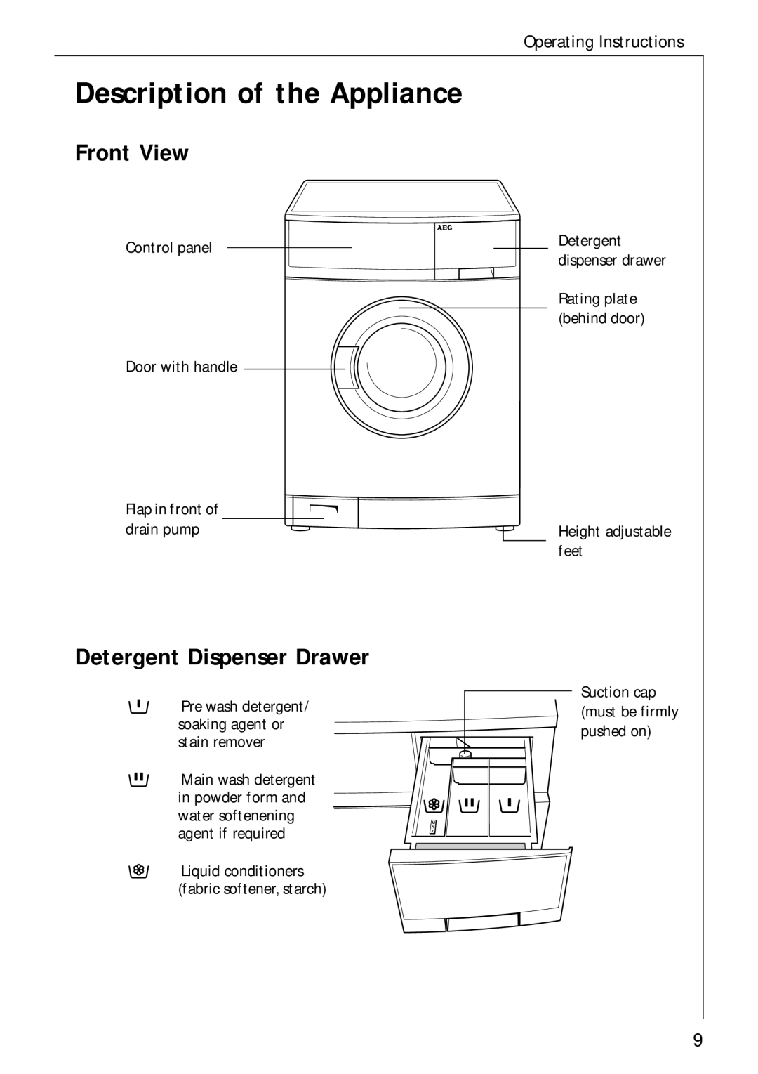 AEG 50720 manual Description of the Appliance, Front View, Detergent Dispenser Drawer 