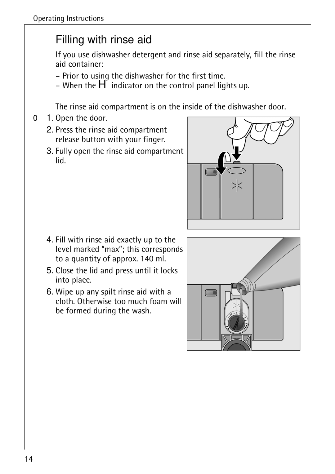 AEG 50730 manual Filling with rinse aid, Fully open the rinse aid compartment lid 