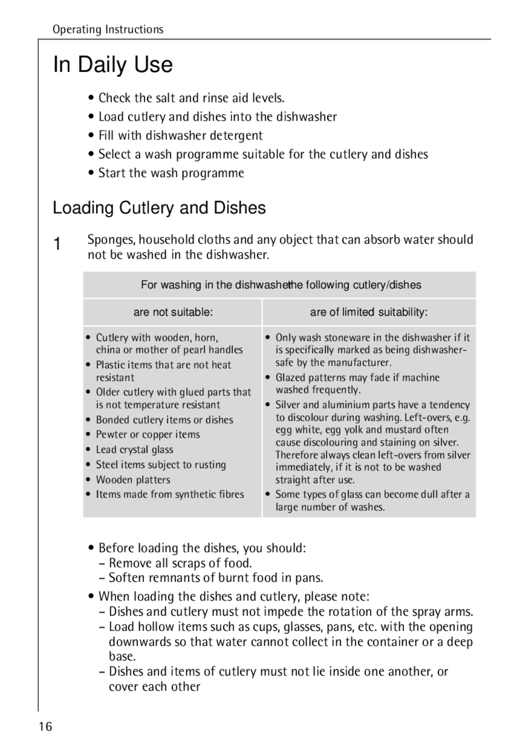 AEG 50730 manual Daily Use, Loading Cutlery and Dishes, Not be washed in the dishwasher 