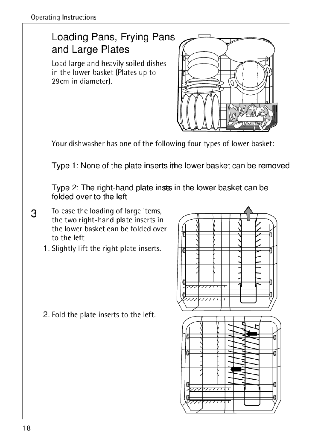 AEG 50730 manual Loading Pans, Frying Pans Large Plates, Folded over to the left, To ease the loading of large items 