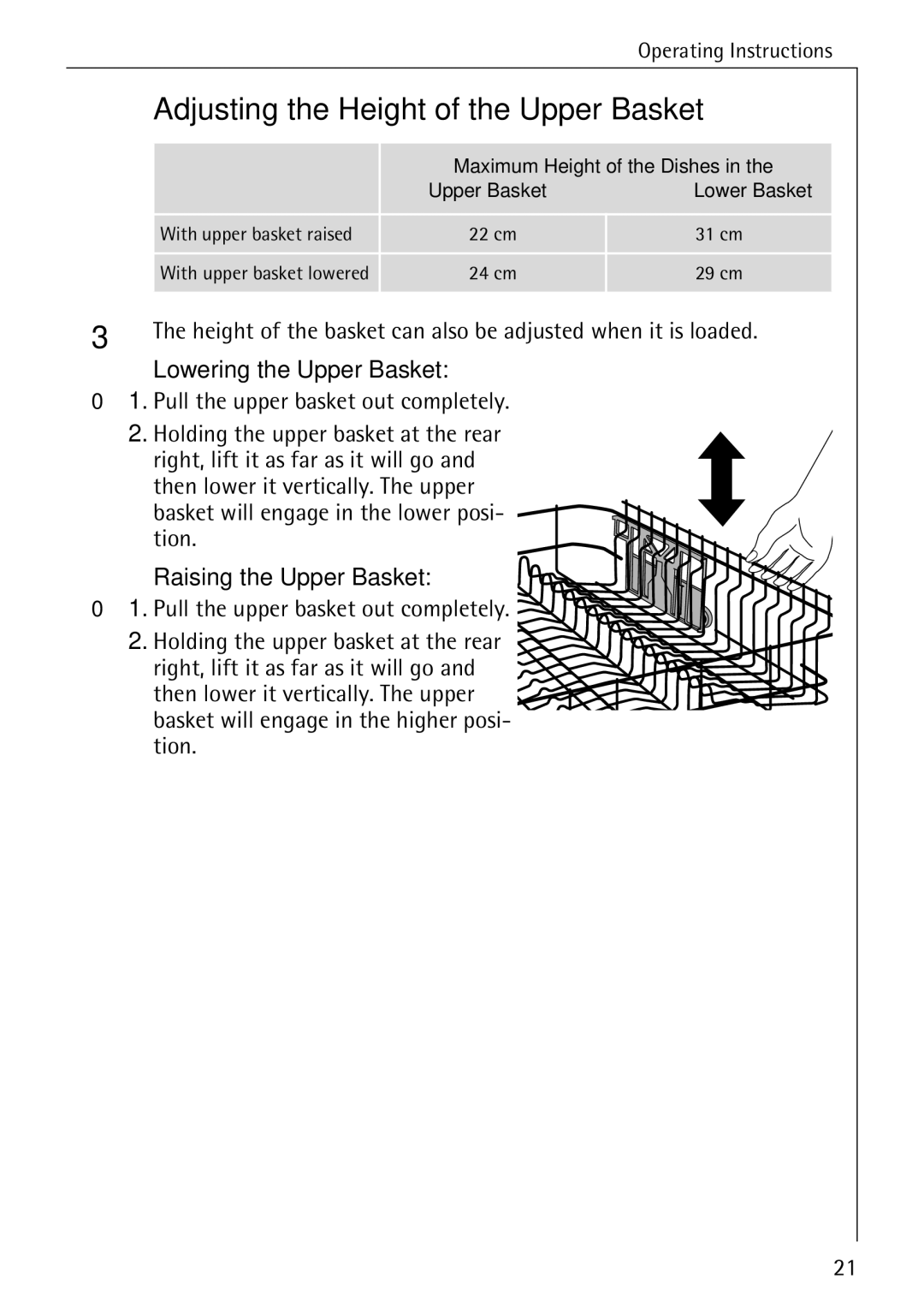 AEG 50730 manual Adjusting the Height of the Upper Basket, Lowering the Upper Basket, Raising the Upper Basket 