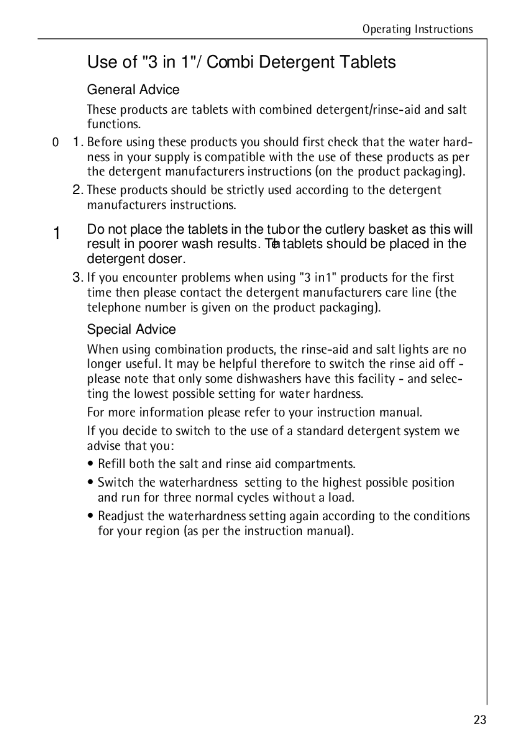 AEG 50730 manual Use of 3 in 1/ Combi Detergent Tablets, General Advice, Special Advice 