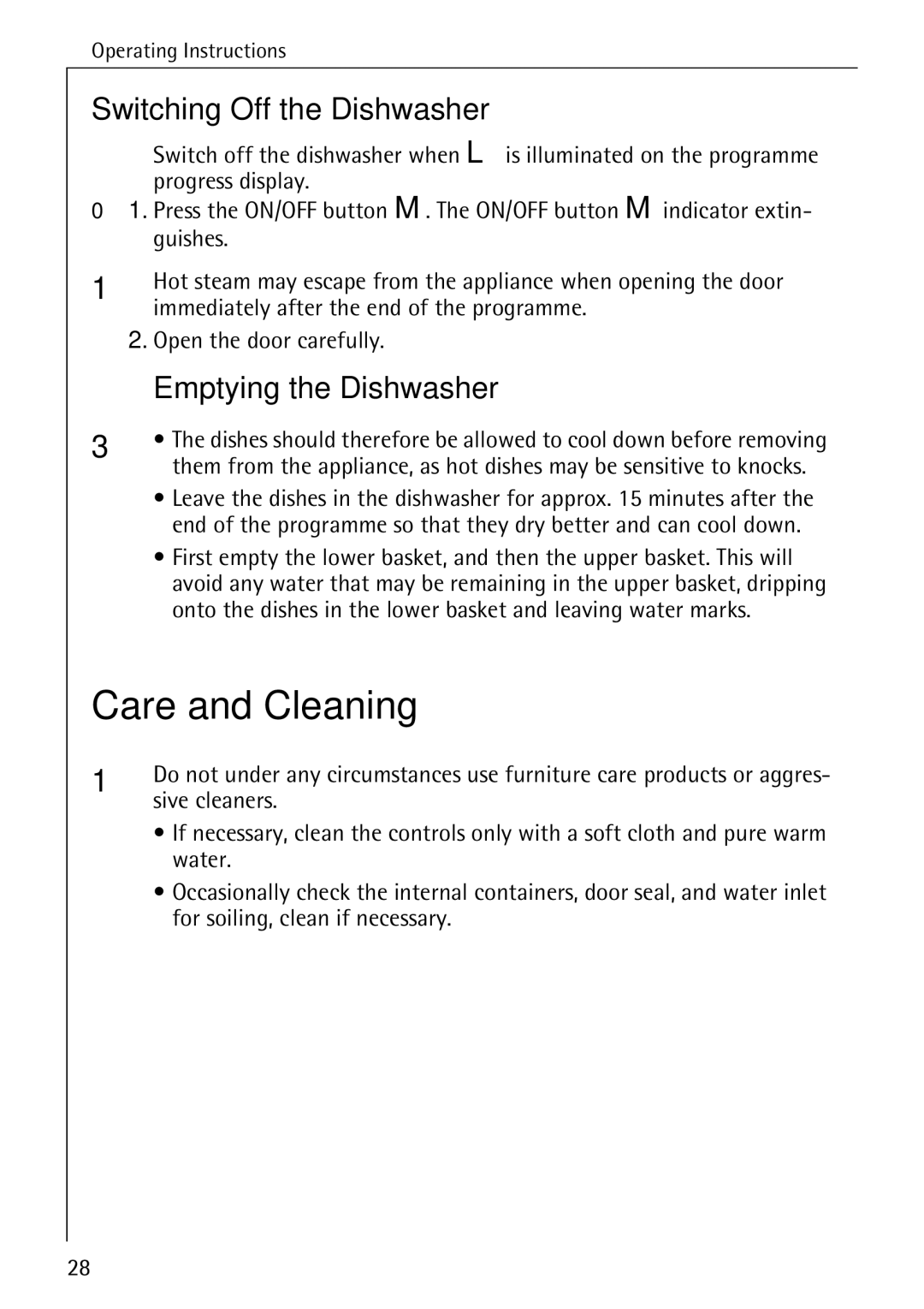 AEG 50730 manual Care and Cleaning, Switching Off the Dishwasher, Emptying the Dishwasher, Sive cleaners 