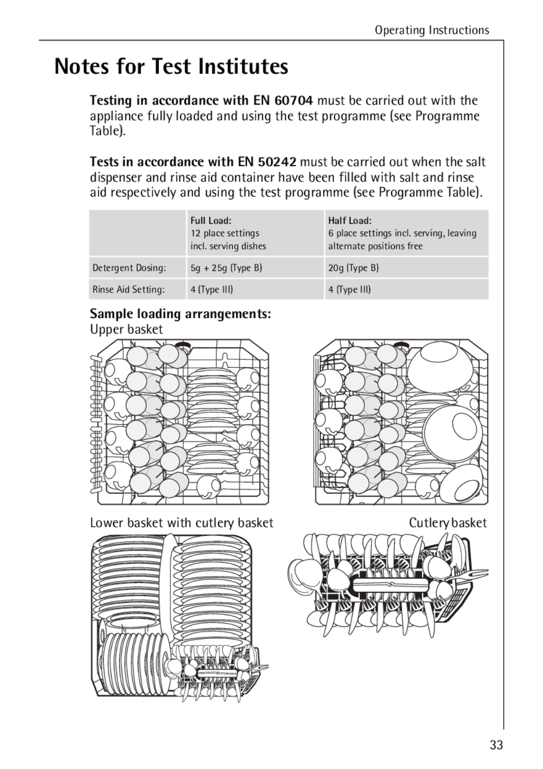 AEG 50730 manual Sample loading arrangements, Upper basket Lower basket with cutlery basket 