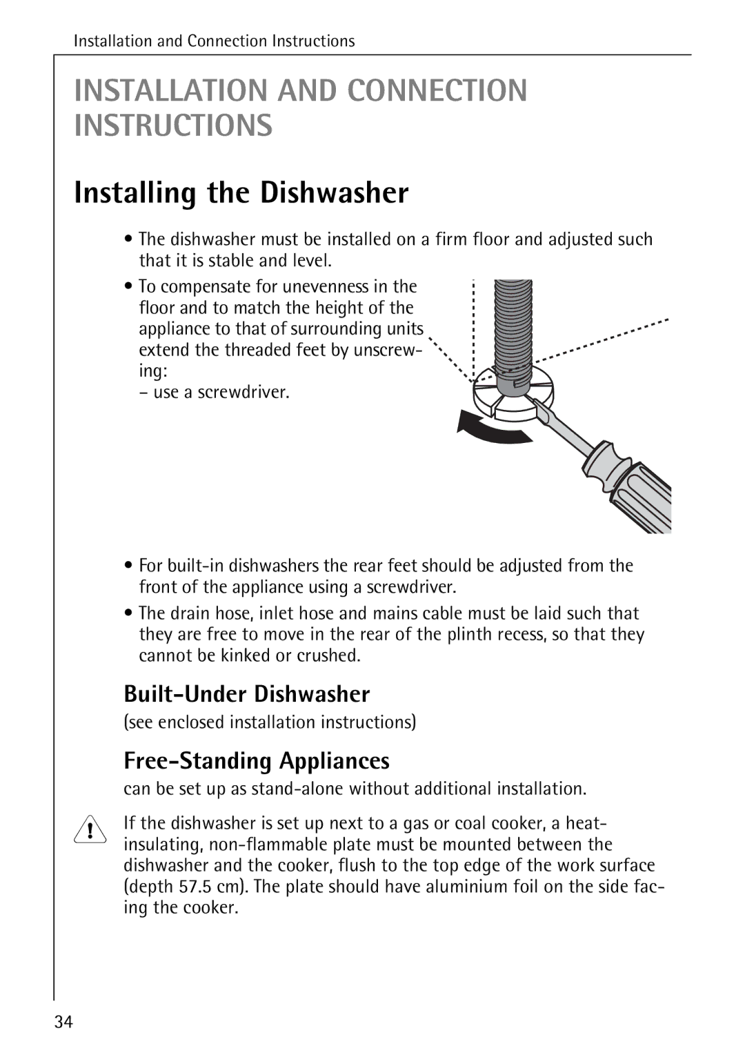 AEG 50730 manual Installing the Dishwasher, Built-Under Dishwasher, Free-Standing Appliances, Cannot be kinked or crushed 