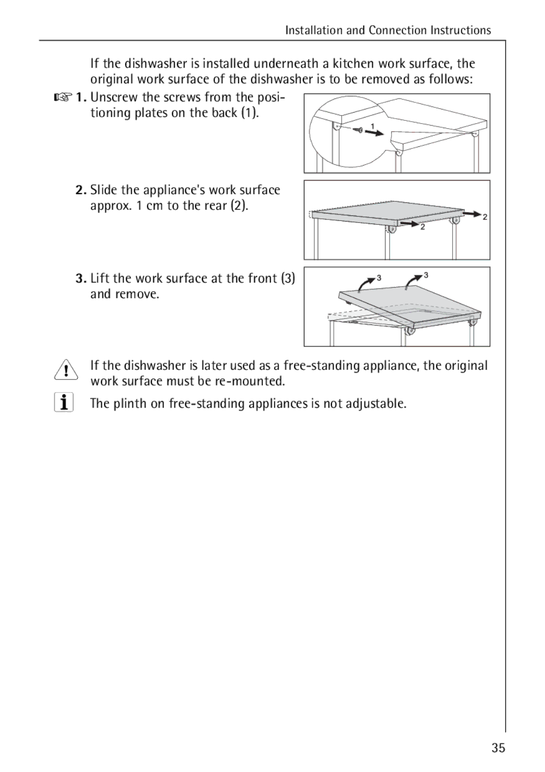 AEG 50730 manual Work surface must be re-mounted, Plinth on free-standing appliances is not adjustable 