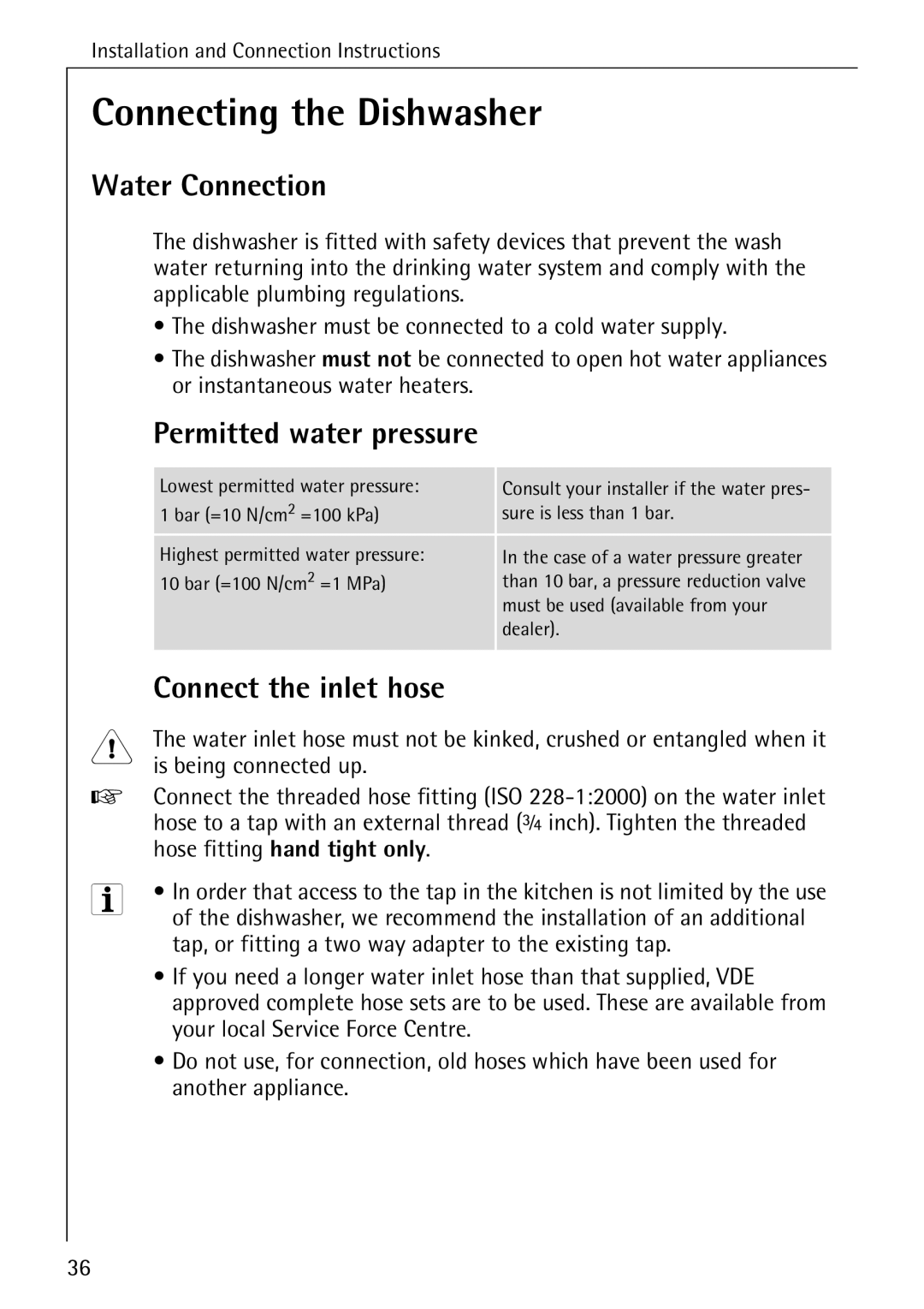 AEG 50730 manual Connecting the Dishwasher, Water Connection, Permitted water pressure, Connect the inlet hose 