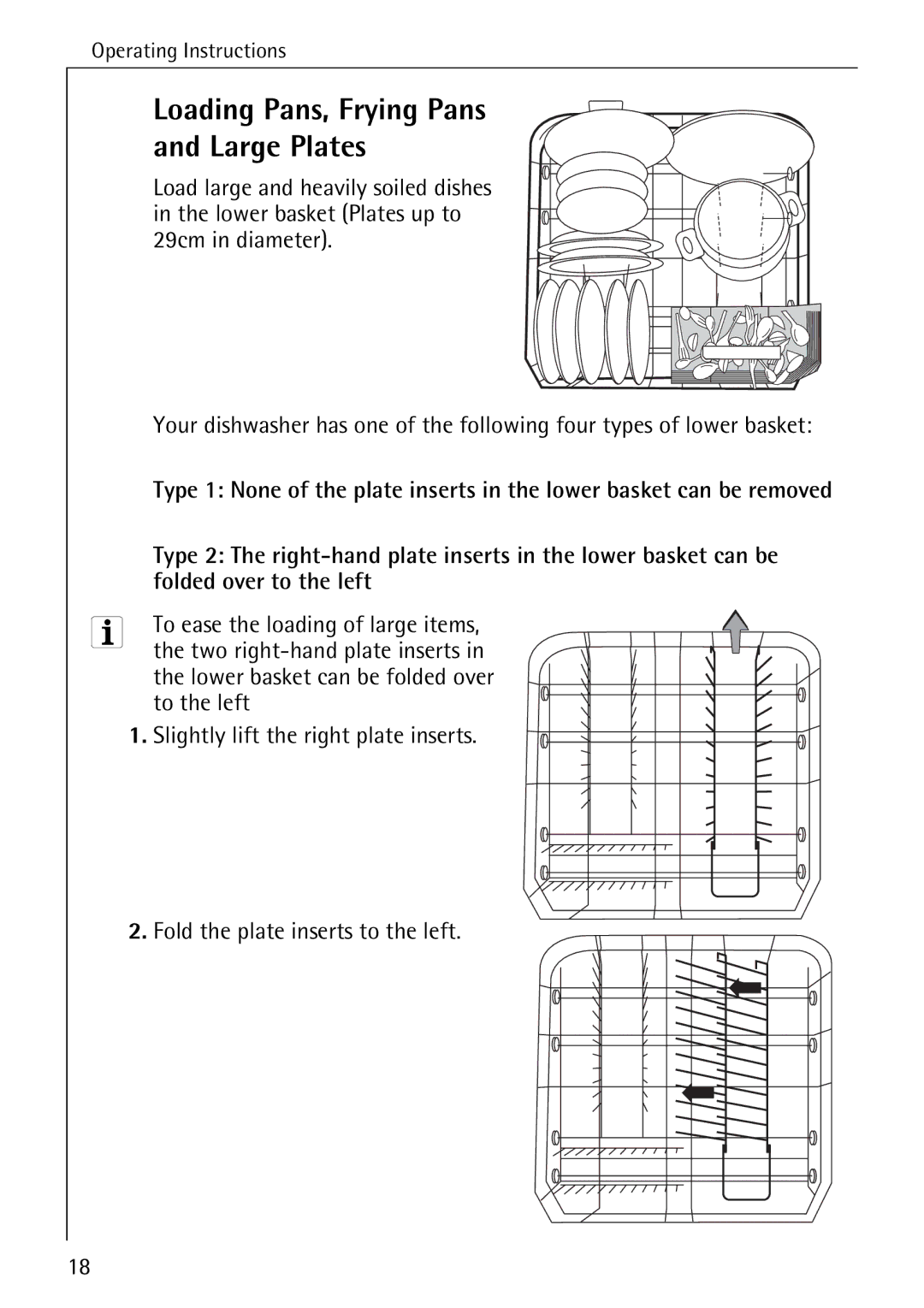 AEG 50760 I manual Loading Pans, Frying Pans Large Plates, Folded over to the left, To ease the loading of large items 