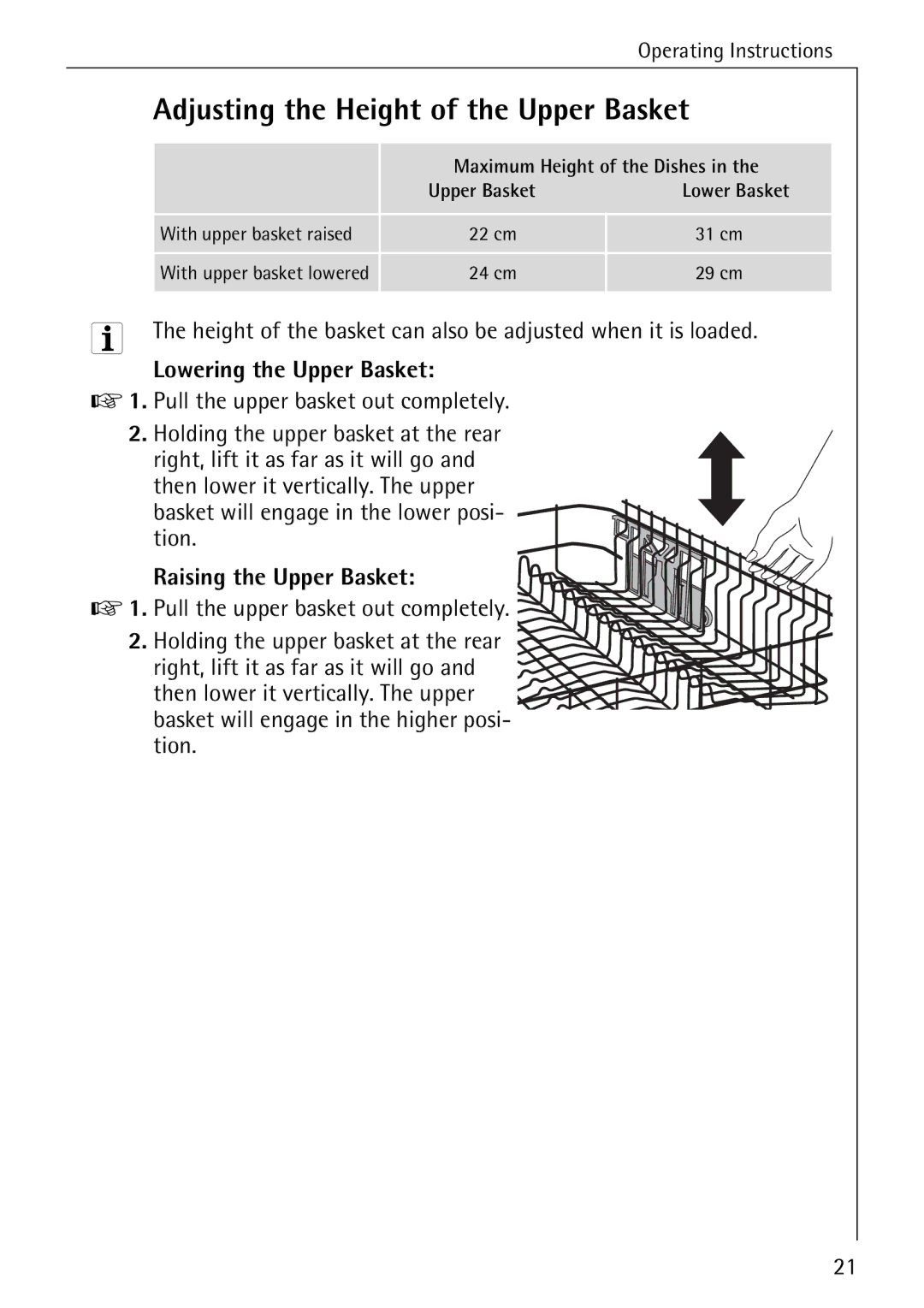 AEG 50760 I manual Adjusting the Height of the Upper Basket, Lowering the Upper Basket, Raising the Upper Basket 