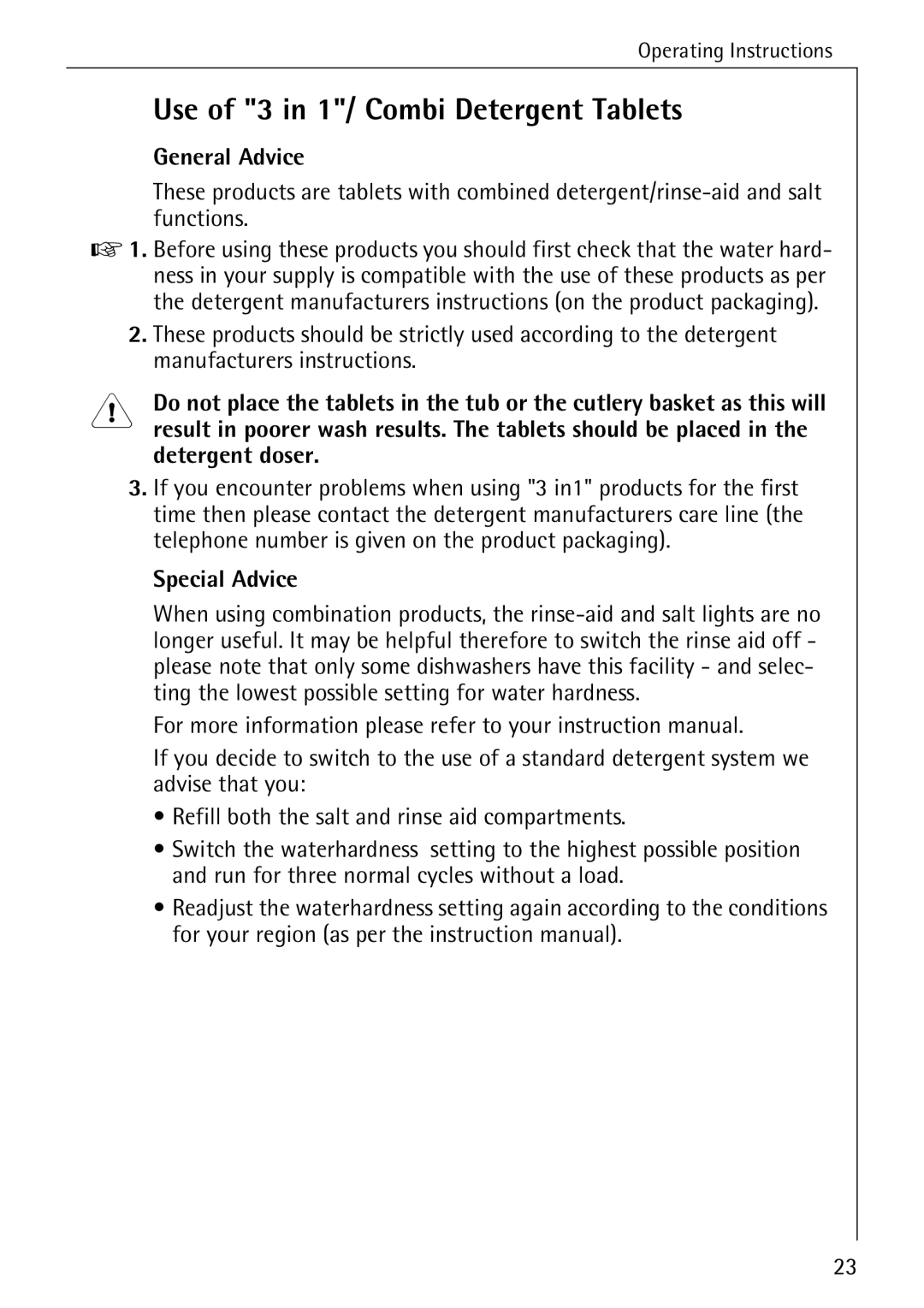 AEG 50760 I manual Use of 3 in 1/ Combi Detergent Tablets, General Advice, Special Advice 