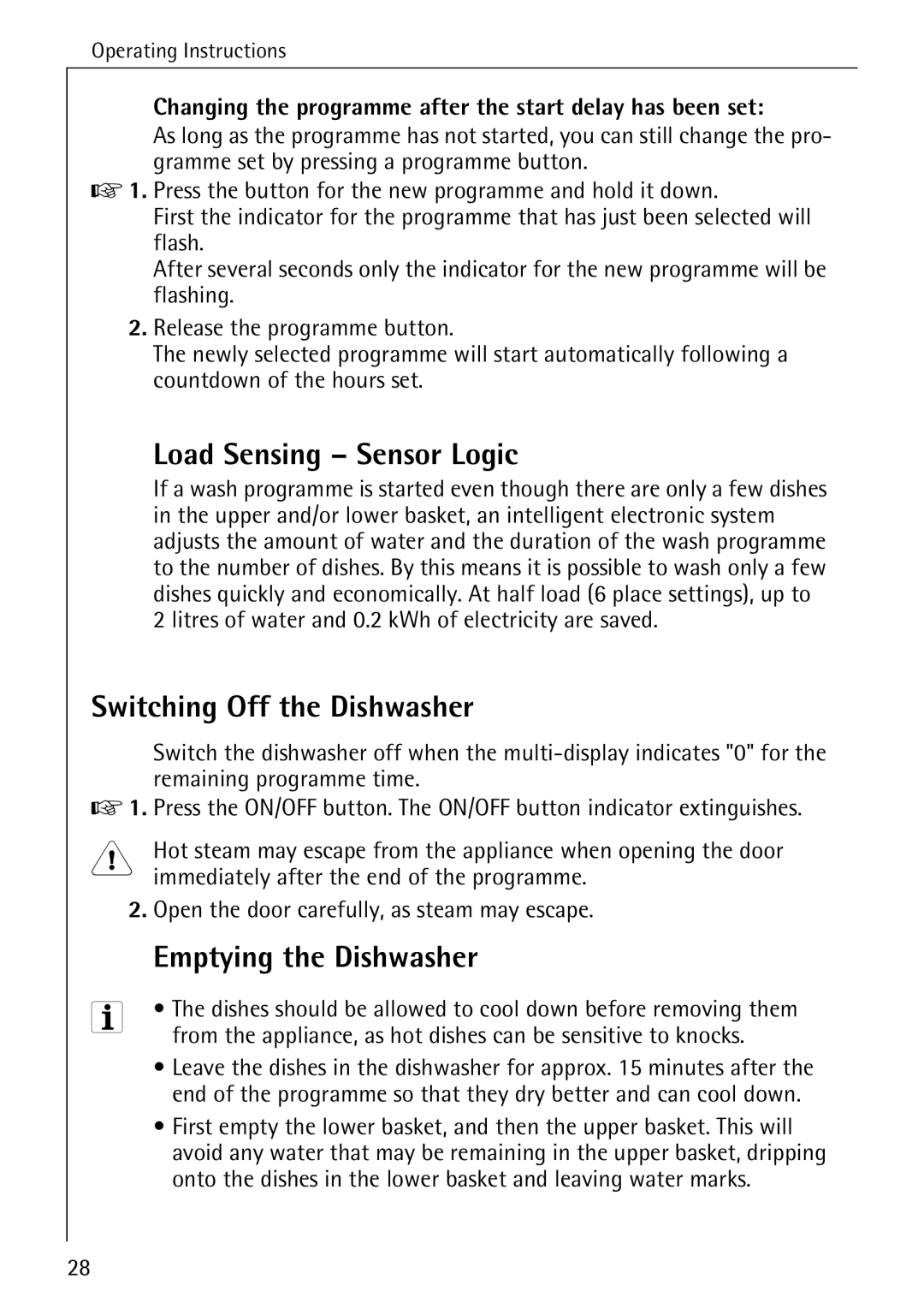 AEG 50760 I manual Load Sensing Sensor Logic, Switching Off the Dishwasher, Emptying the Dishwasher 