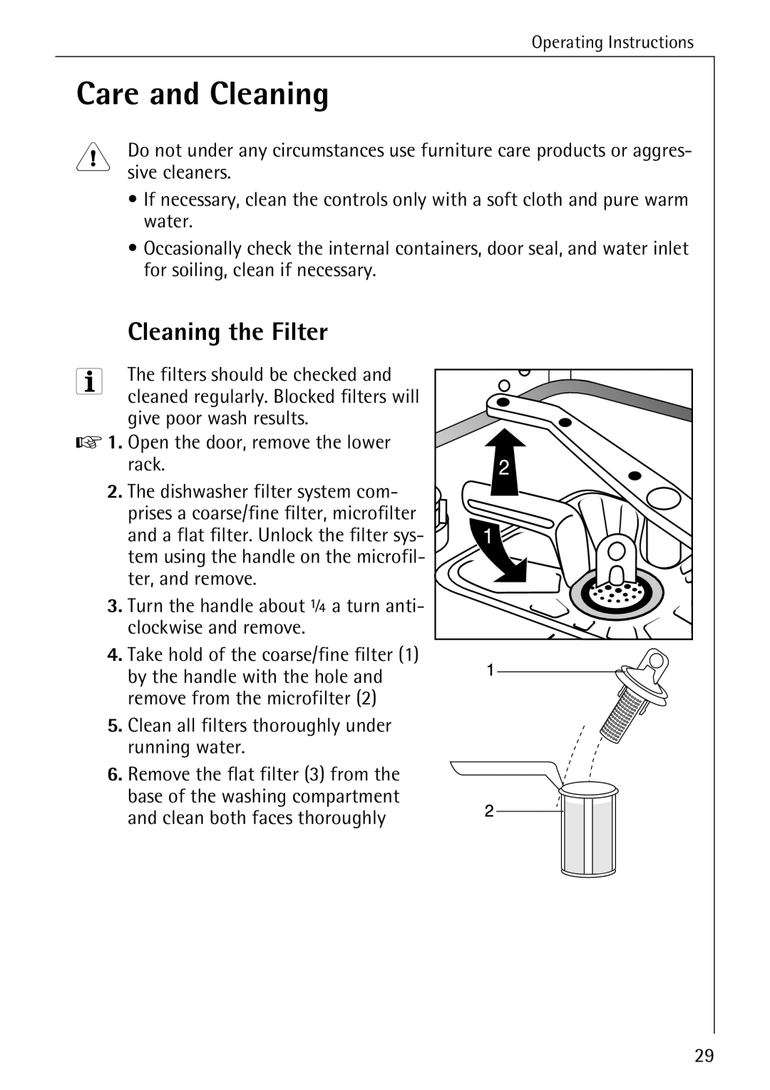 AEG 50760 I manual Care and Cleaning, Cleaning the Filter 