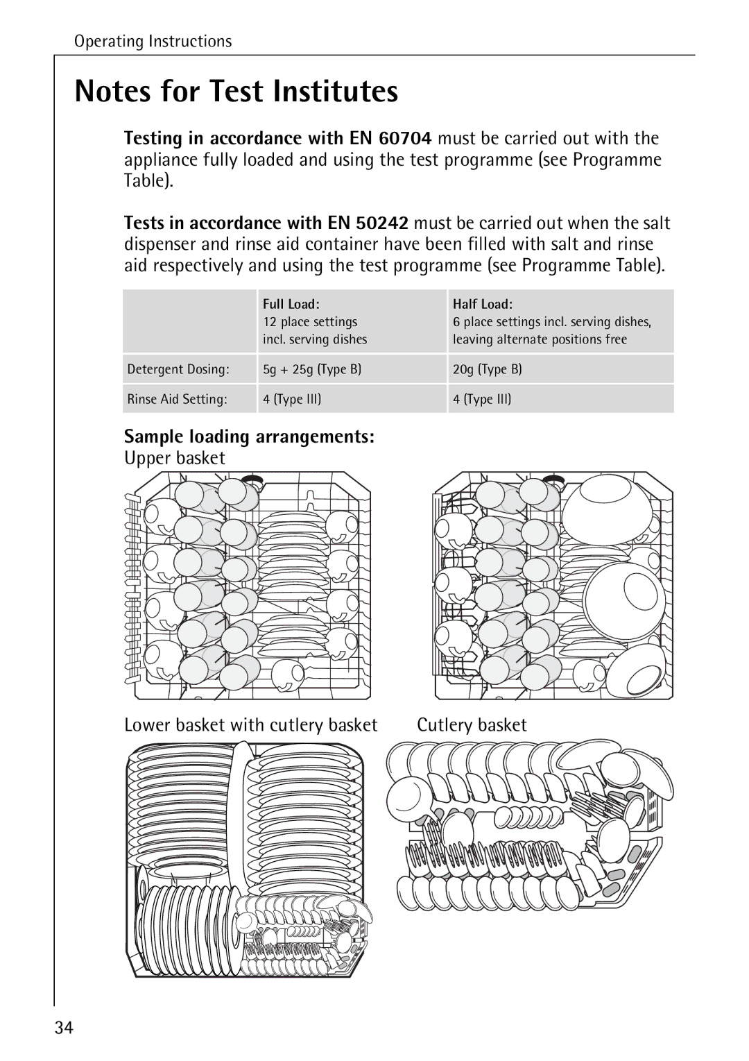 AEG 50760 I manual Sample loading arrangements, Upper basket Lower basket with cutlery basket 