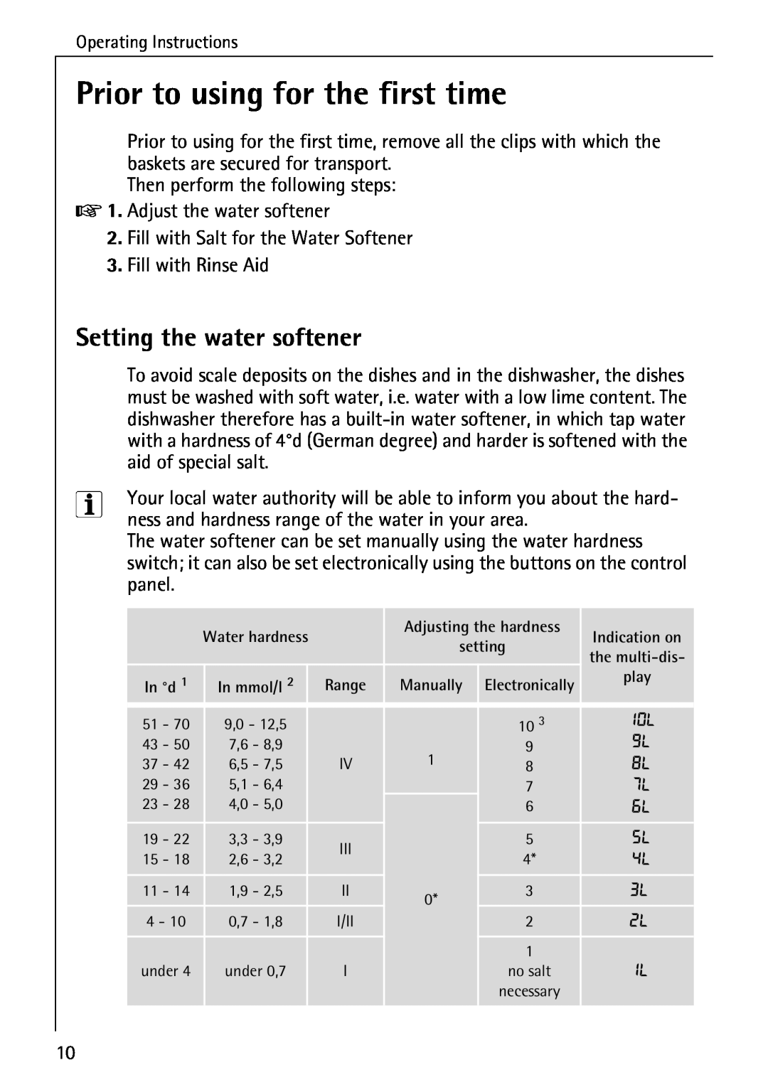 AEG 50760 I manual Prior to using for the first time, Setting the water softener 