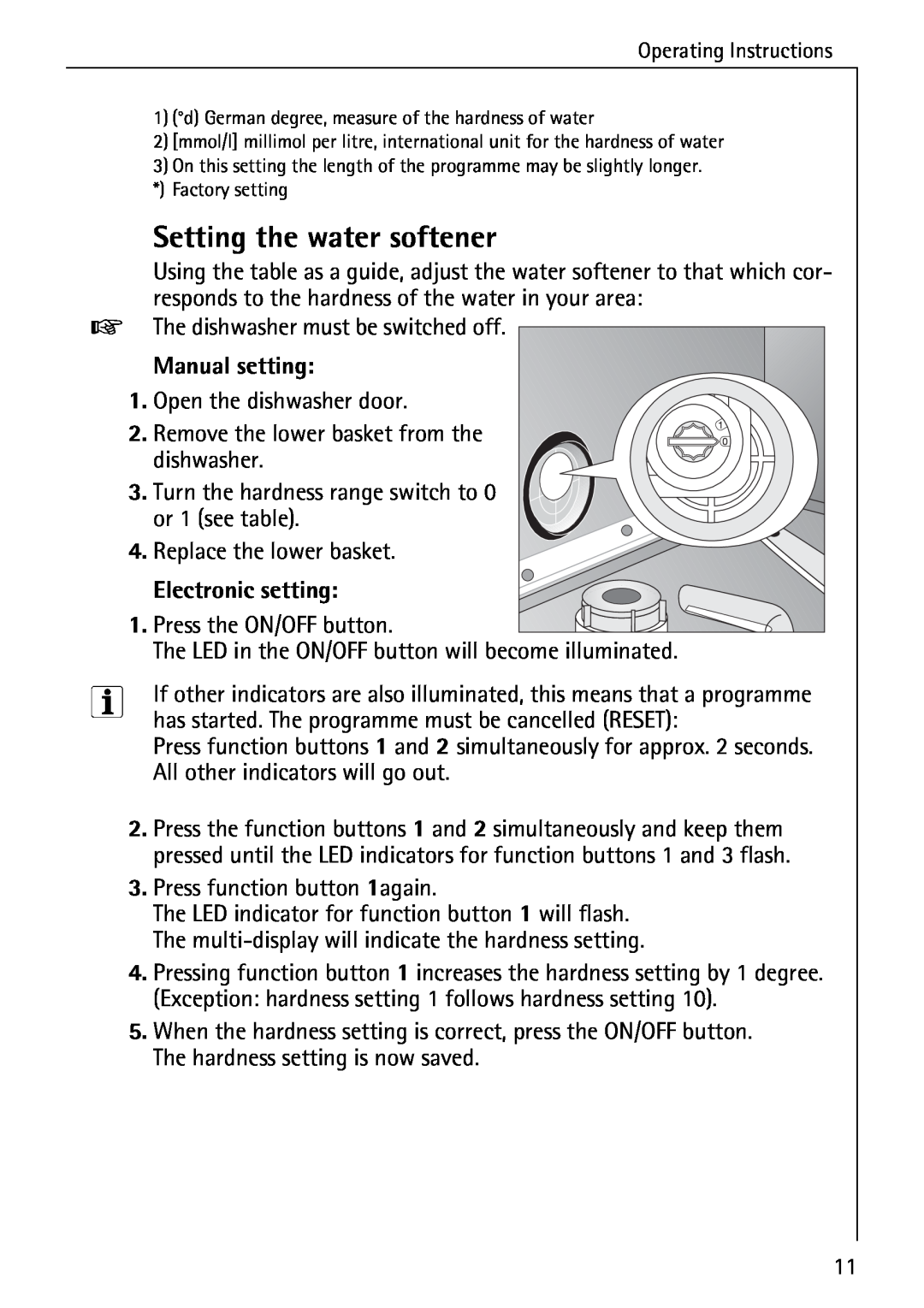 AEG 50760 I manual Manual setting, Electronic setting, Setting the water softener 