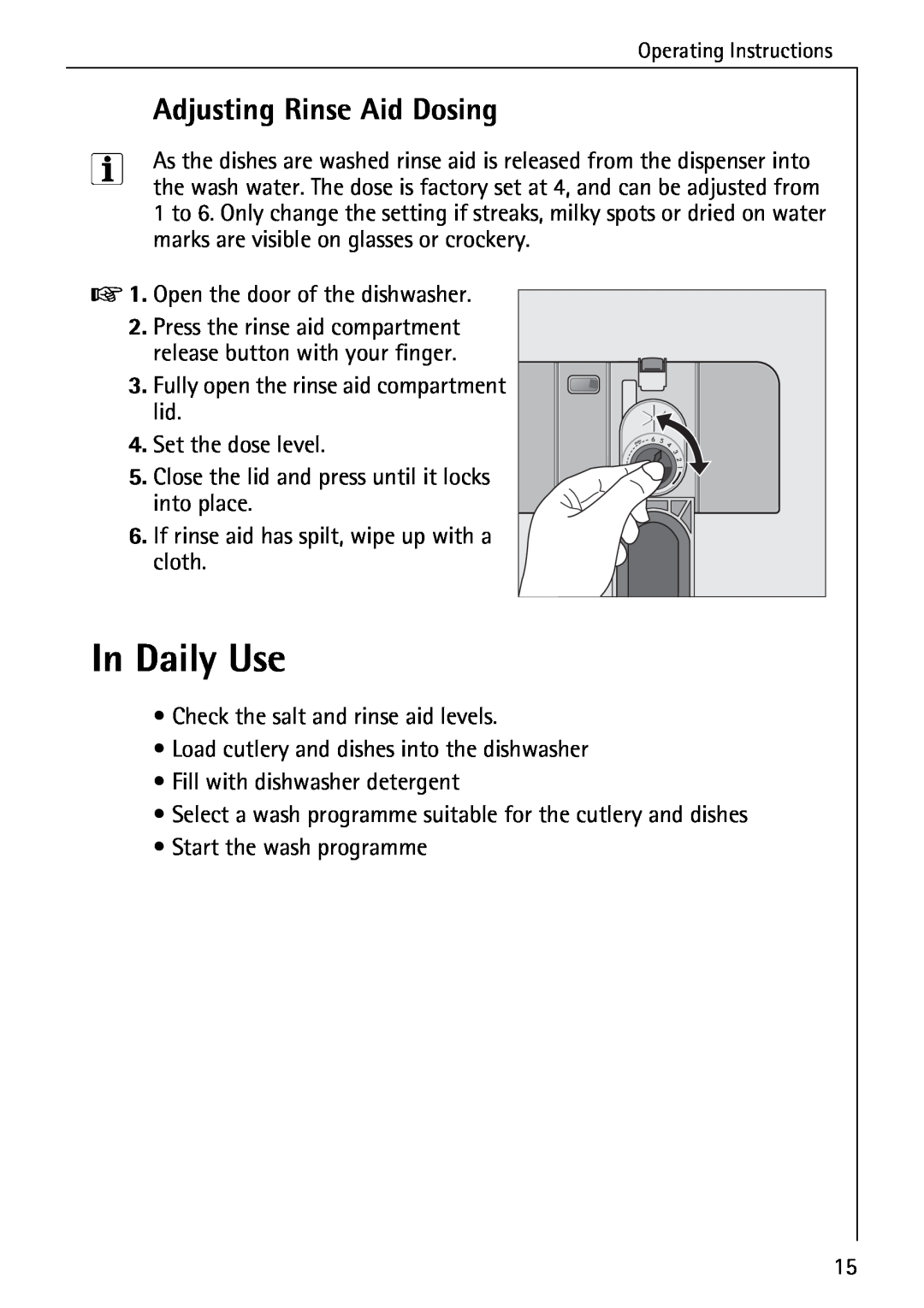 AEG 50760 I manual In Daily Use, Adjusting Rinse Aid Dosing 