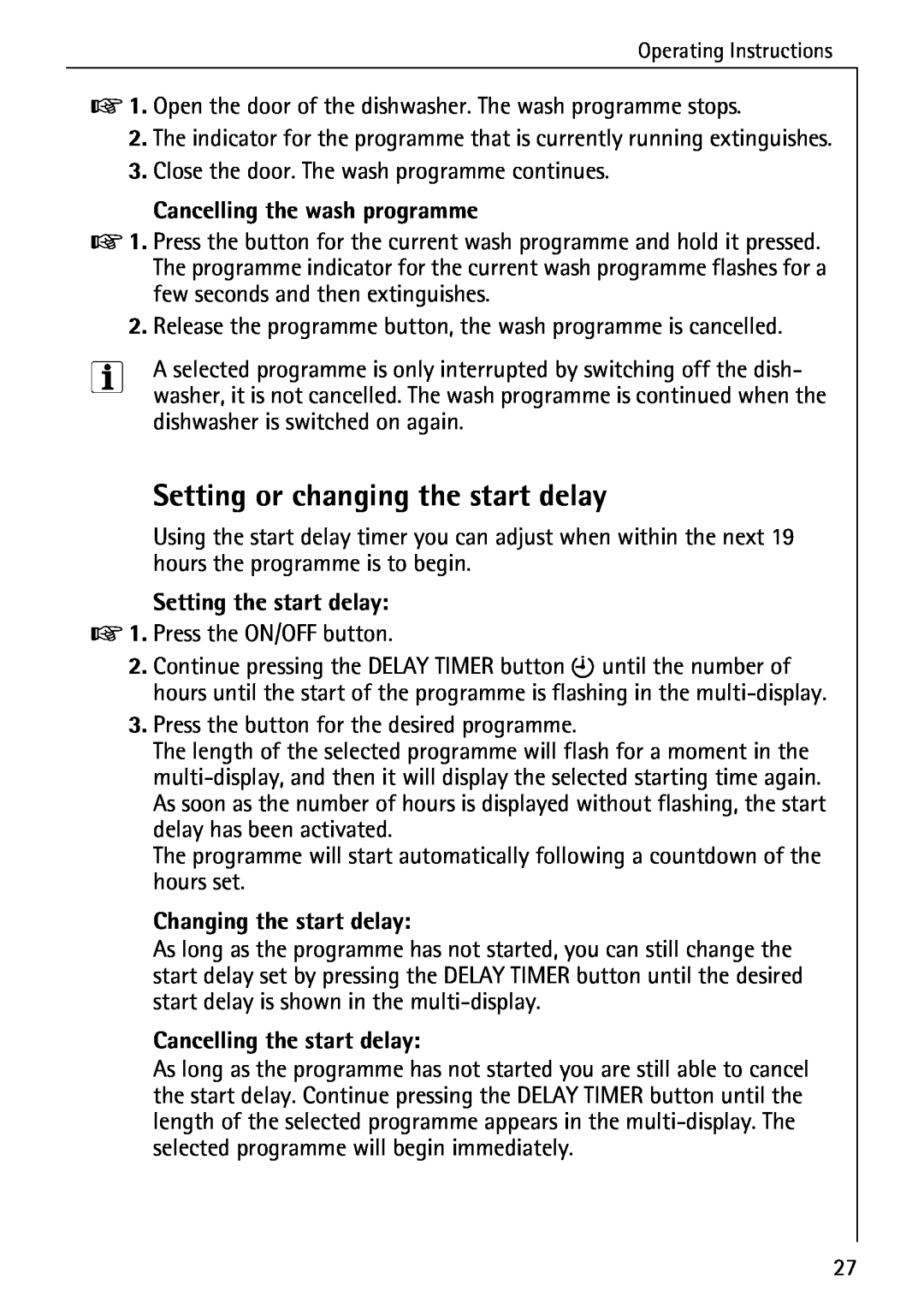AEG 50760 I manual Setting or changing the start delay, Cancelling the wash programme, Setting the start delay 