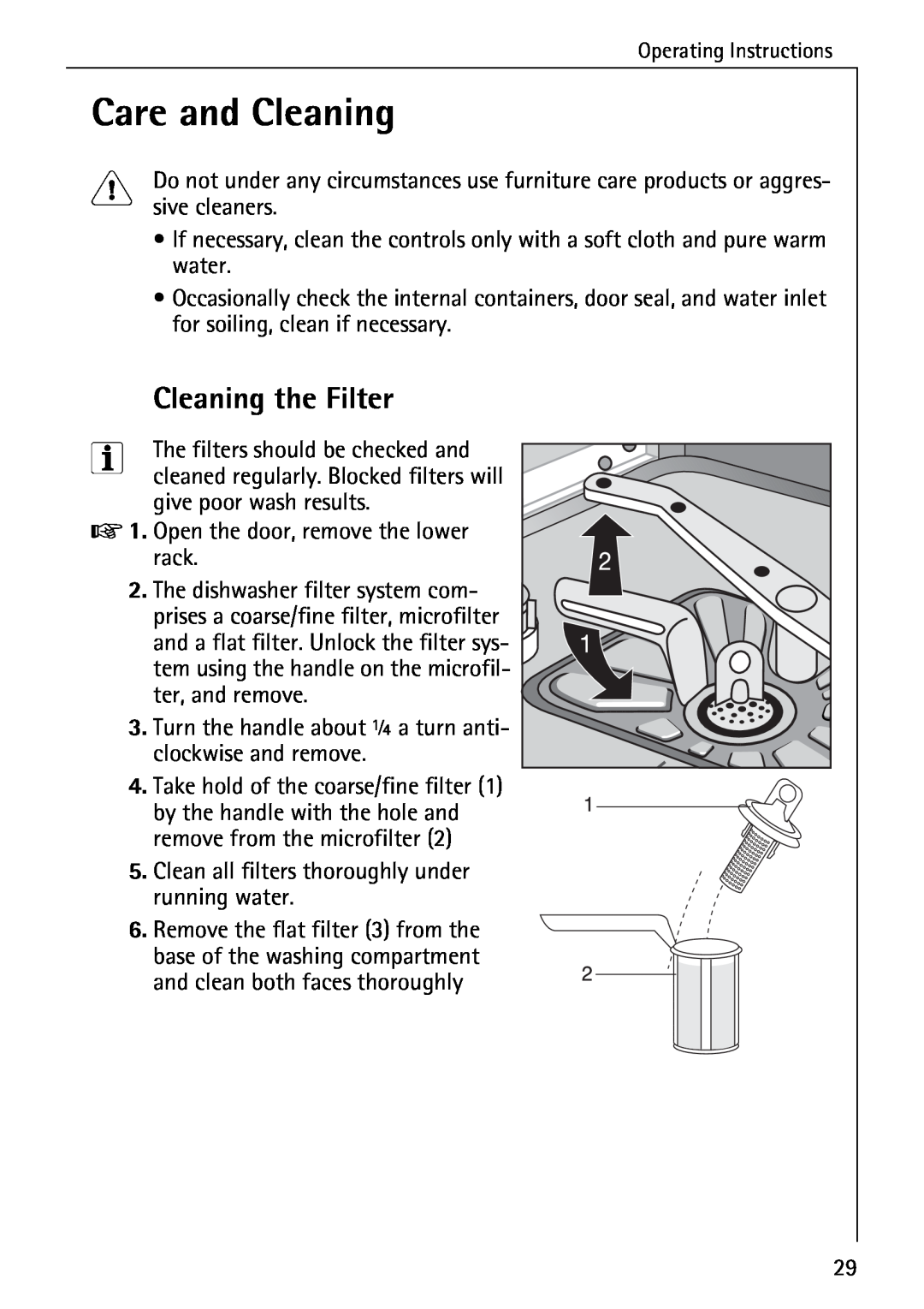 AEG 50760 I manual Care and Cleaning, Cleaning the Filter 