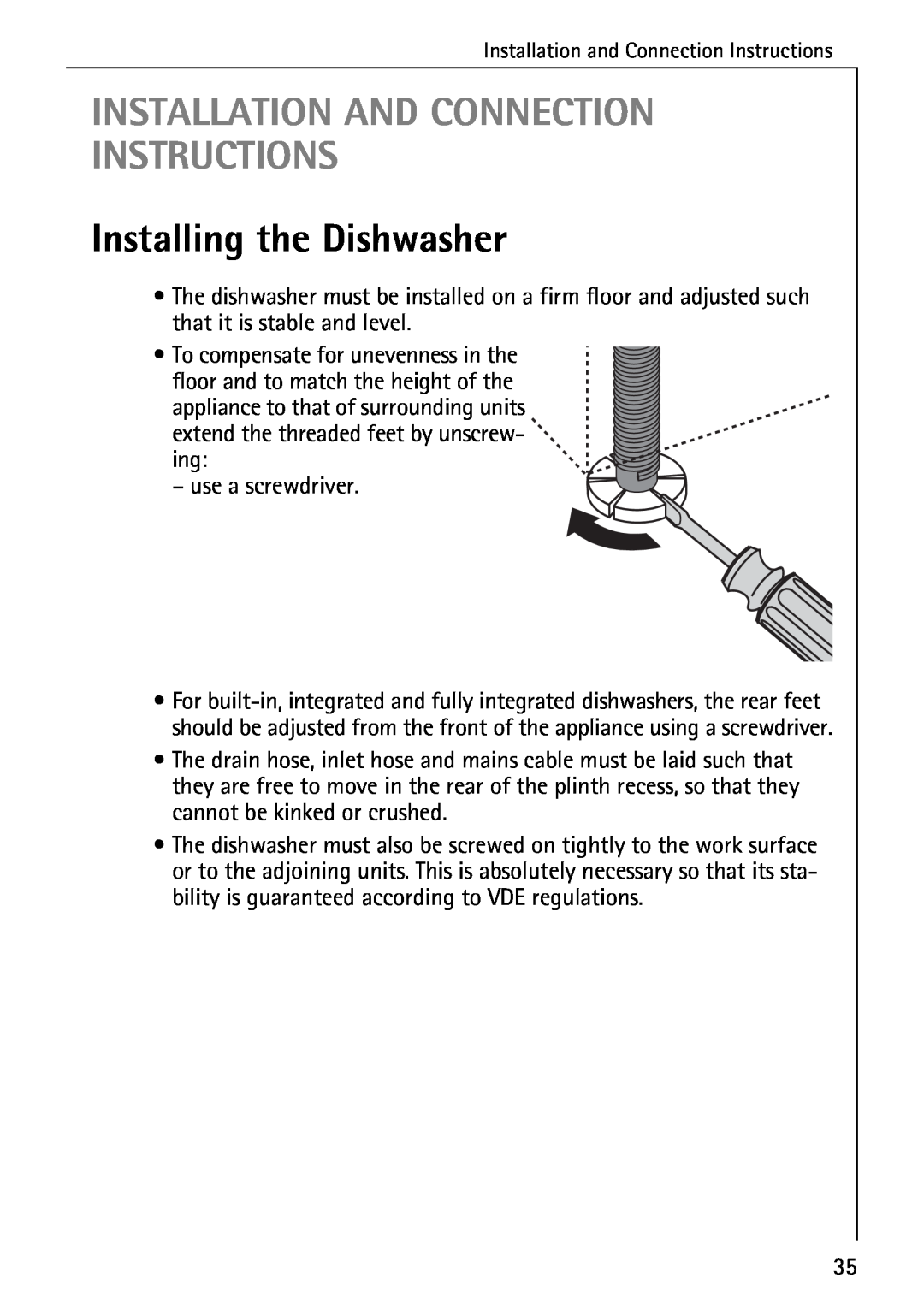 AEG 50760 I manual Installation And Connection Instructions, Installing the Dishwasher 