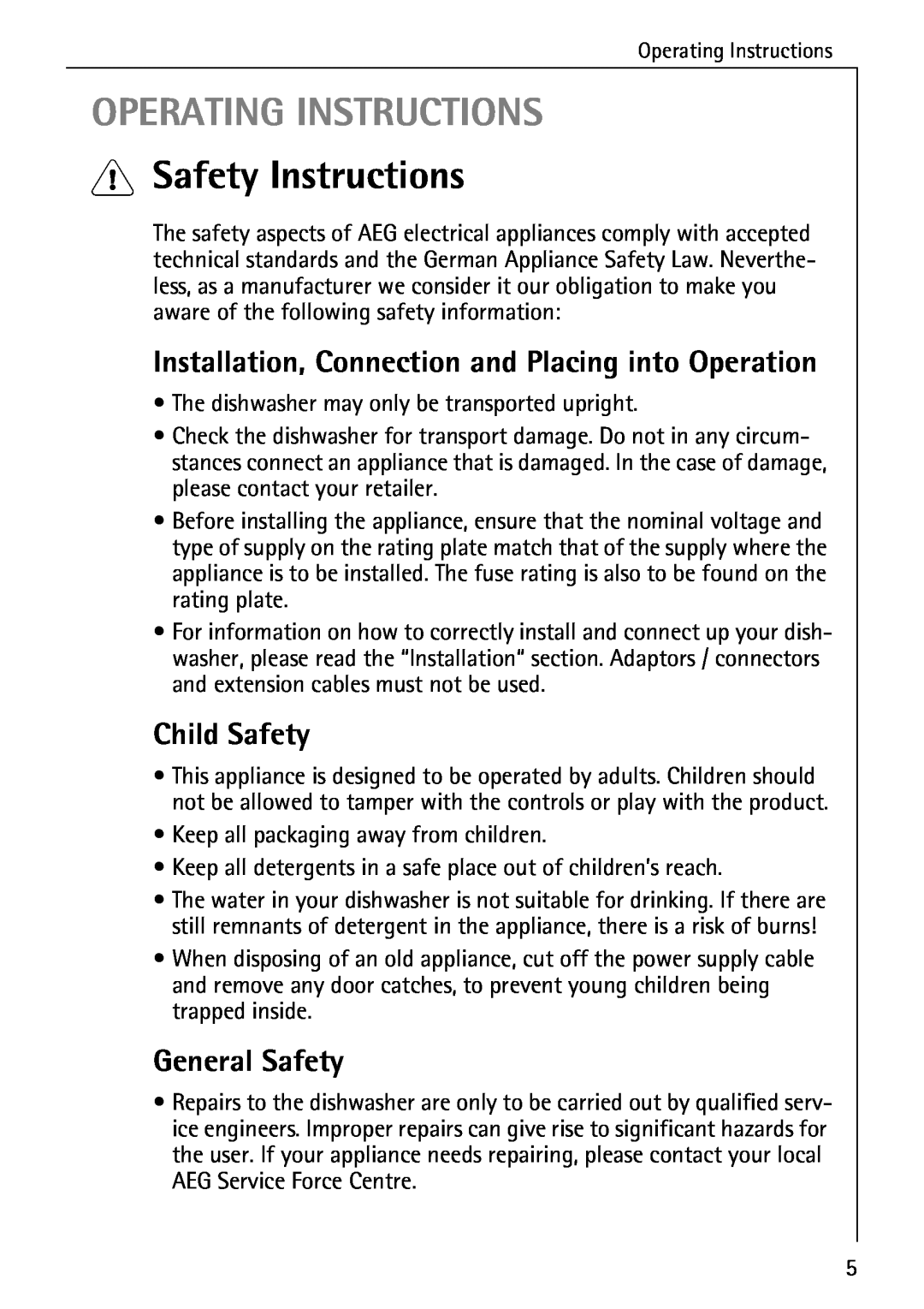 AEG 50760 I Operating Instructions, Safety Instructions, Installation, Connection and Placing into Operation, Child Safety 