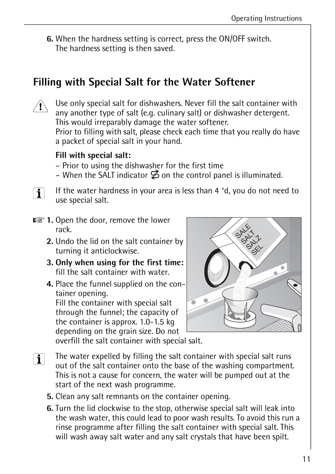 AEG 50800 manual Filling with Special Salt for the Water Softener, Fill with special salt, Use special salt 