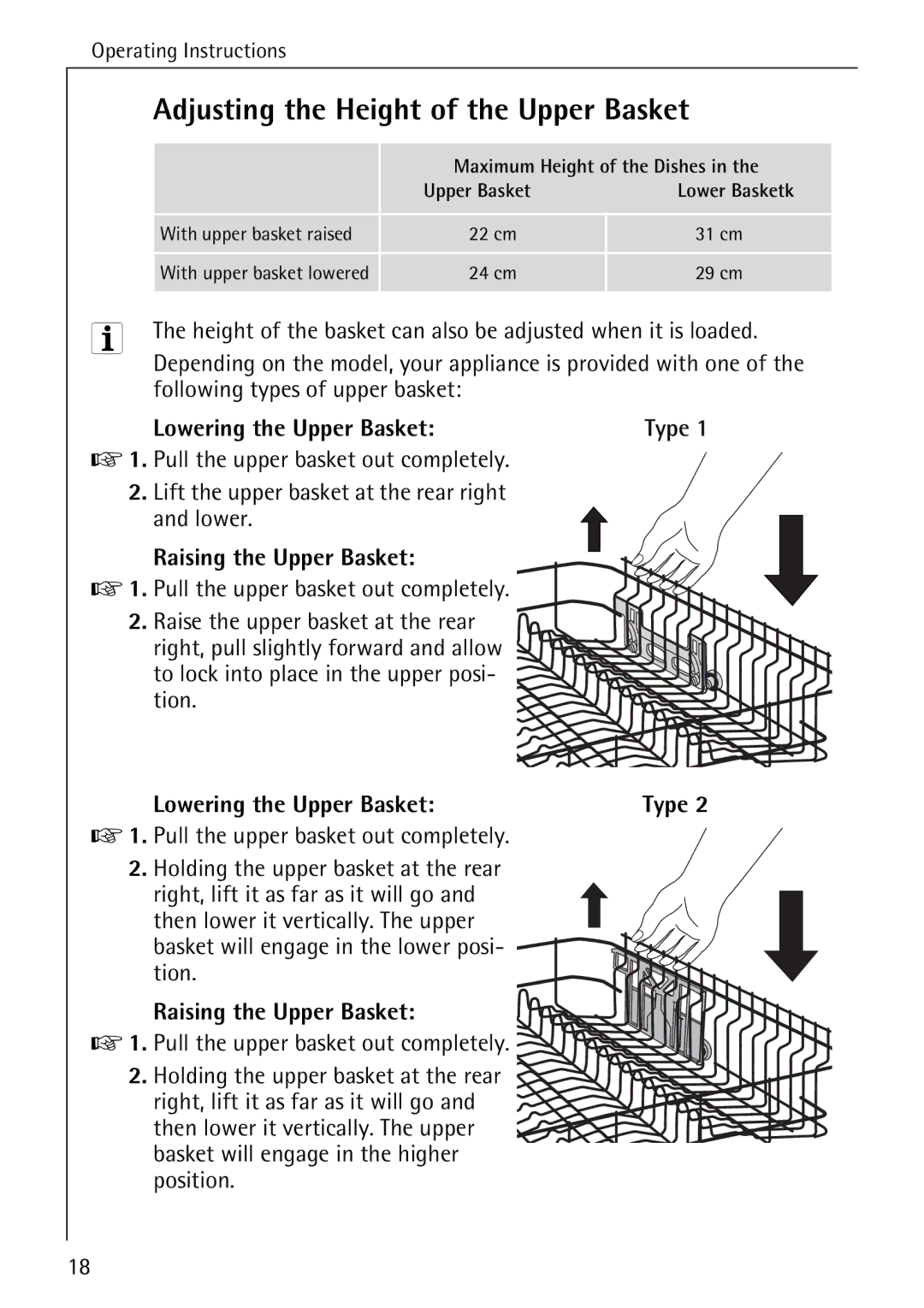 AEG 50800 manual Adjusting the Height of the Upper Basket, Lowering the Upper Basket Type, Raising the Upper Basket 