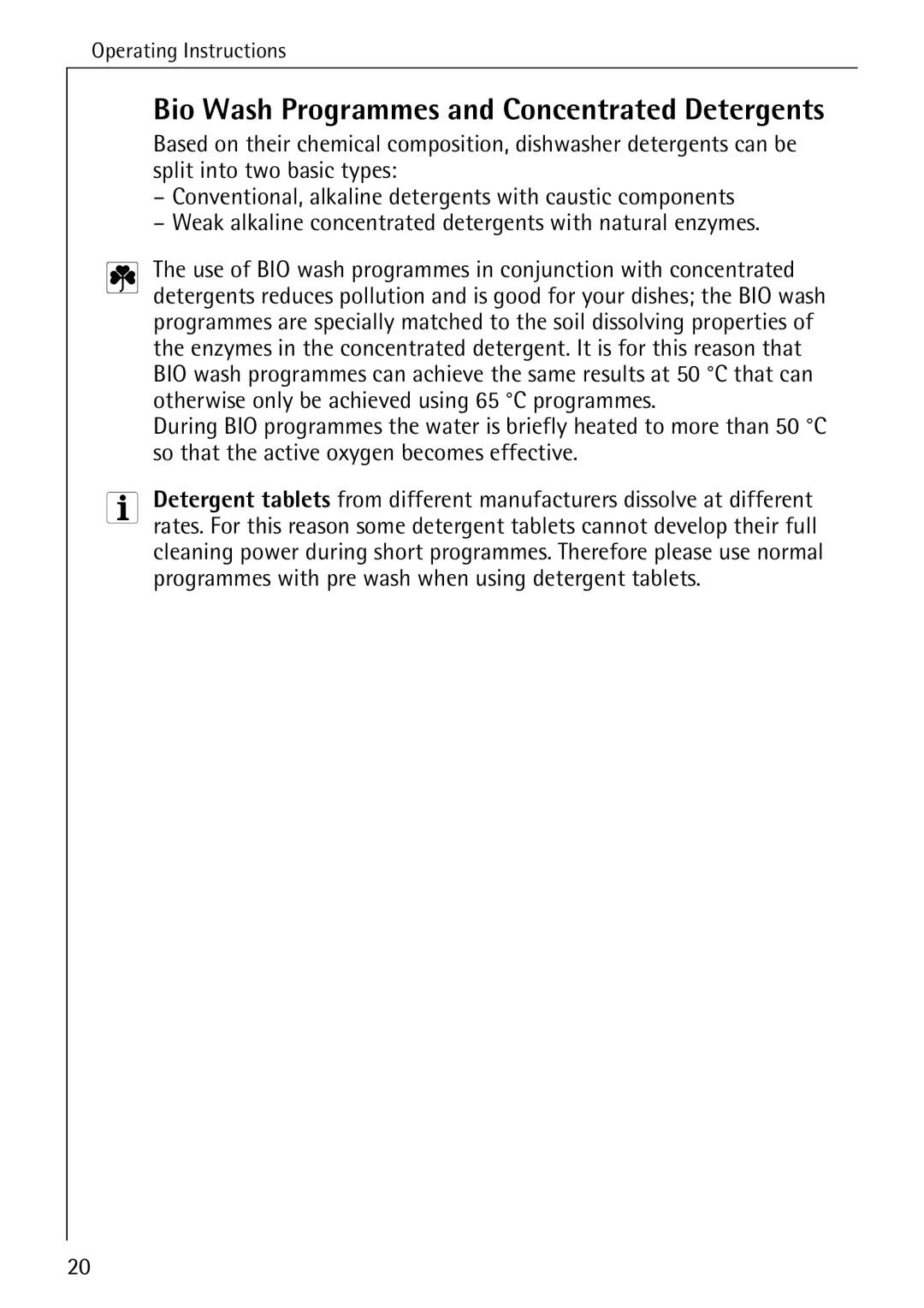 AEG 50800 manual Bio Wash Programmes and Concentrated Detergents 