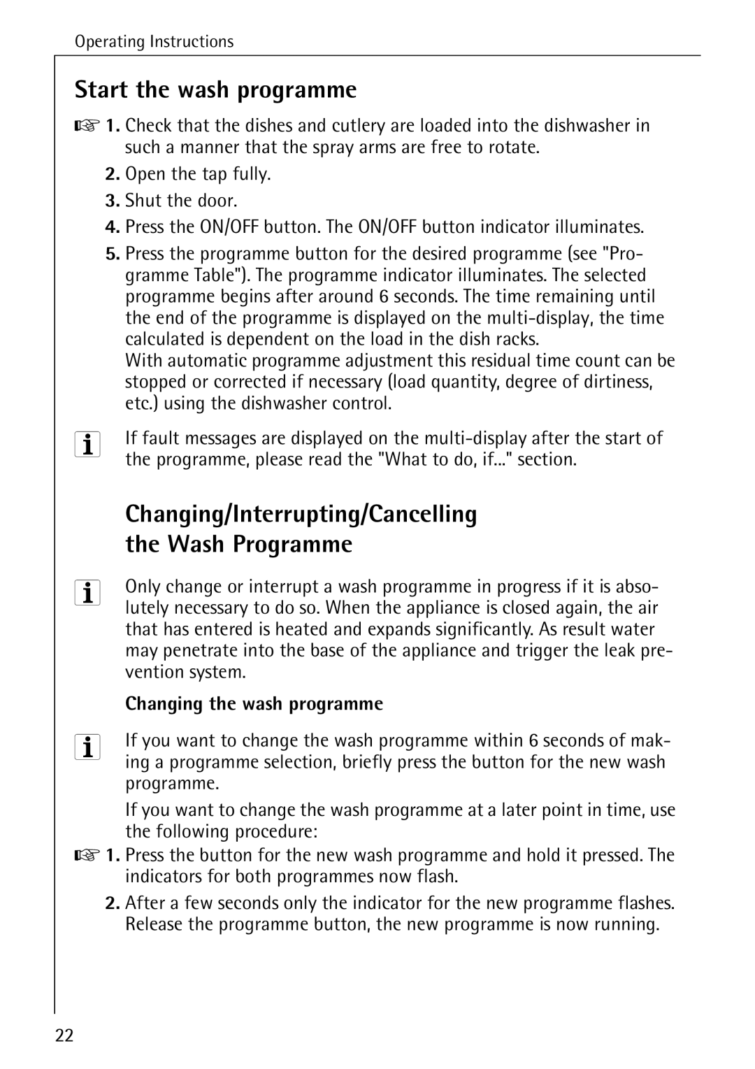 AEG 50800 manual Start the wash programme, Changing/Interrupting/Cancelling, Wash Programme, Changing the wash programme 