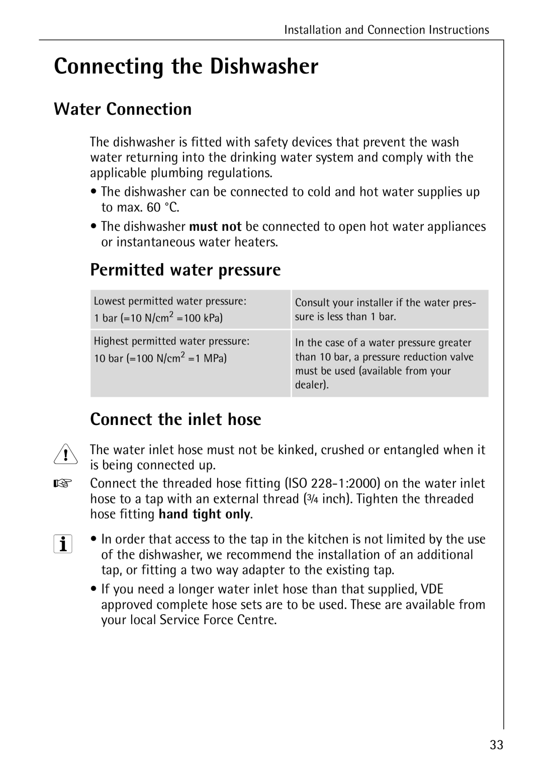 AEG 50800 manual Connecting the Dishwasher, Water Connection, Permitted water pressure, Connect the inlet hose 