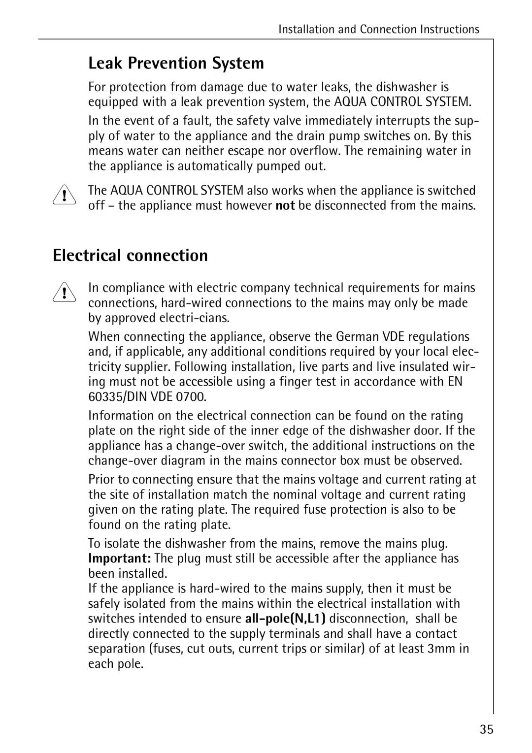 AEG 50800 manual Leak Prevention System, Electrical connection, Appliance is automatically pumped out 