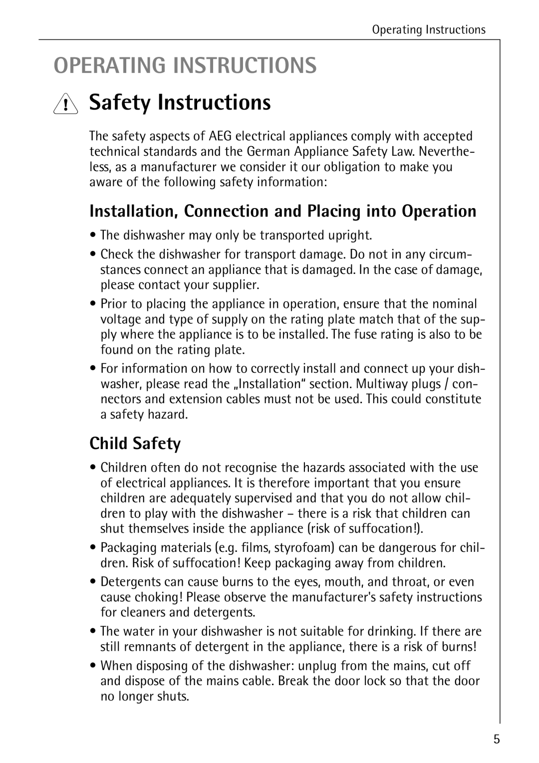 AEG 50800 manual Safety Instructions, Installation, Connection and Placing into Operation, Child Safety 