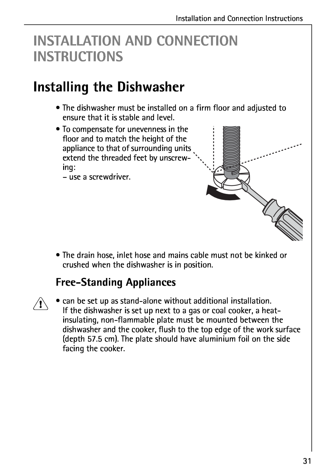 AEG 50800 manual Installation And Connection Instructions, Installing the Dishwasher, Free-StandingAppliances 
