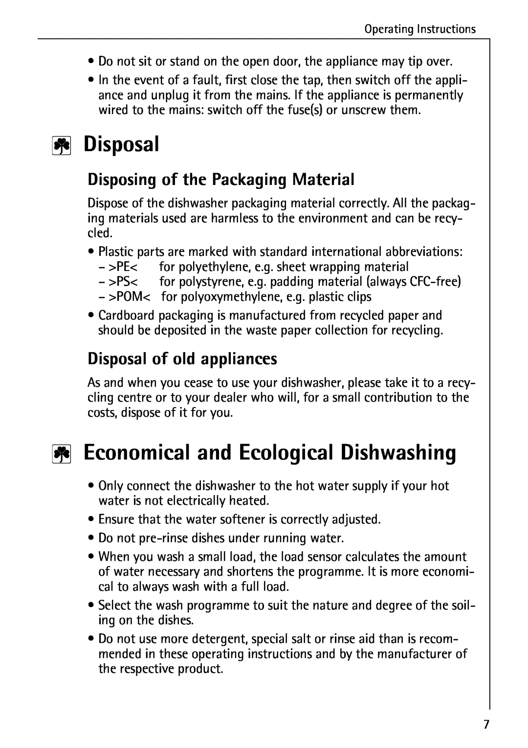 AEG 50800 manual 2Disposal, 2Economical and Ecological Dishwashing, Disposing of the Packaging Material 