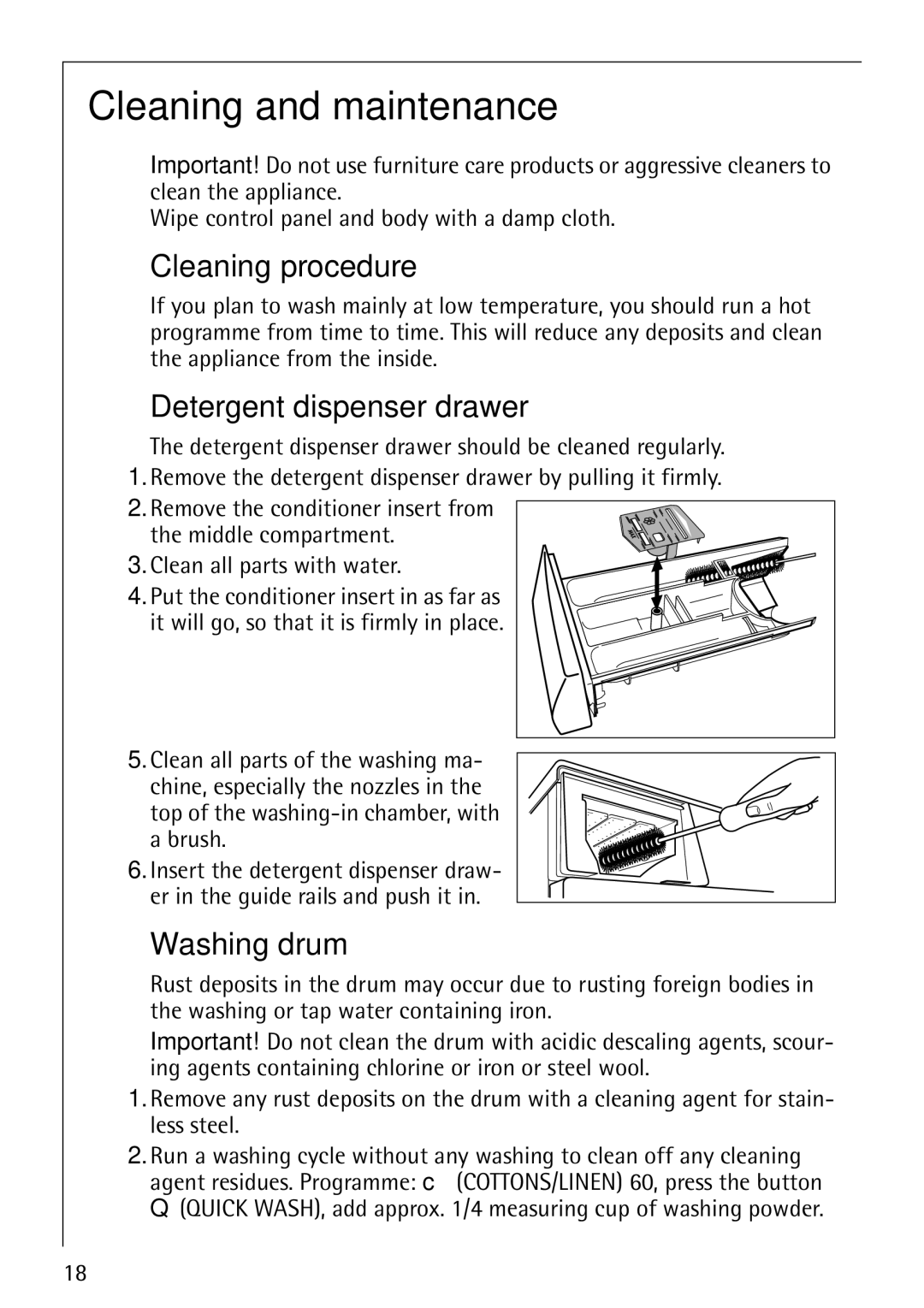 AEG 52610 manual Cleaning and maintenance, Cleaning procedure, Detergent dispenser drawer, Washing drum 