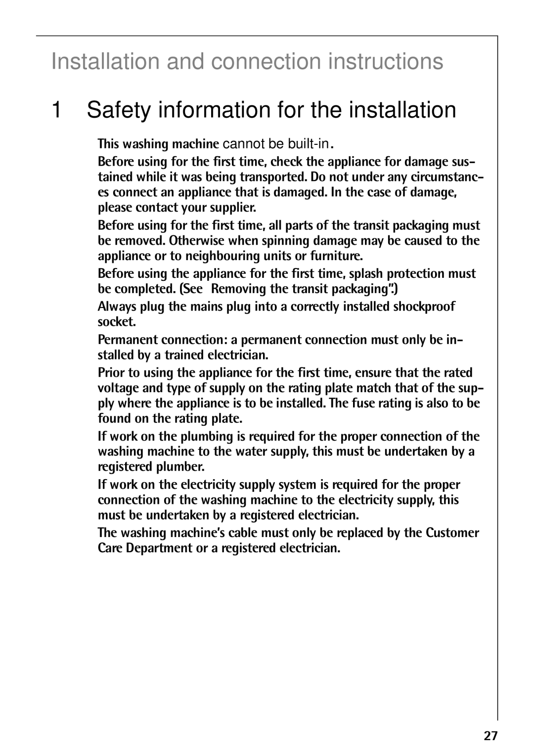 AEG 52610 manual Installation and connection instructions, Safety information for the installation 