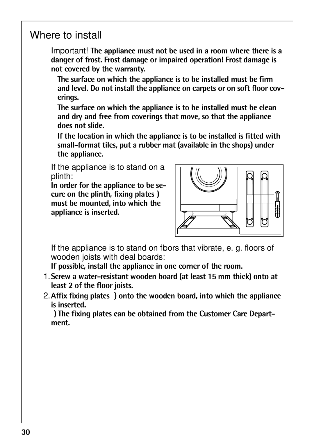 AEG 52610 manual Where to install, If the appliance is to stand on a plinth 