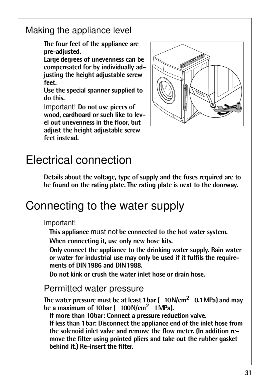 AEG 52610 Electrical connection, Connecting to the water supply, Making the appliance level, Permitted water pressure 