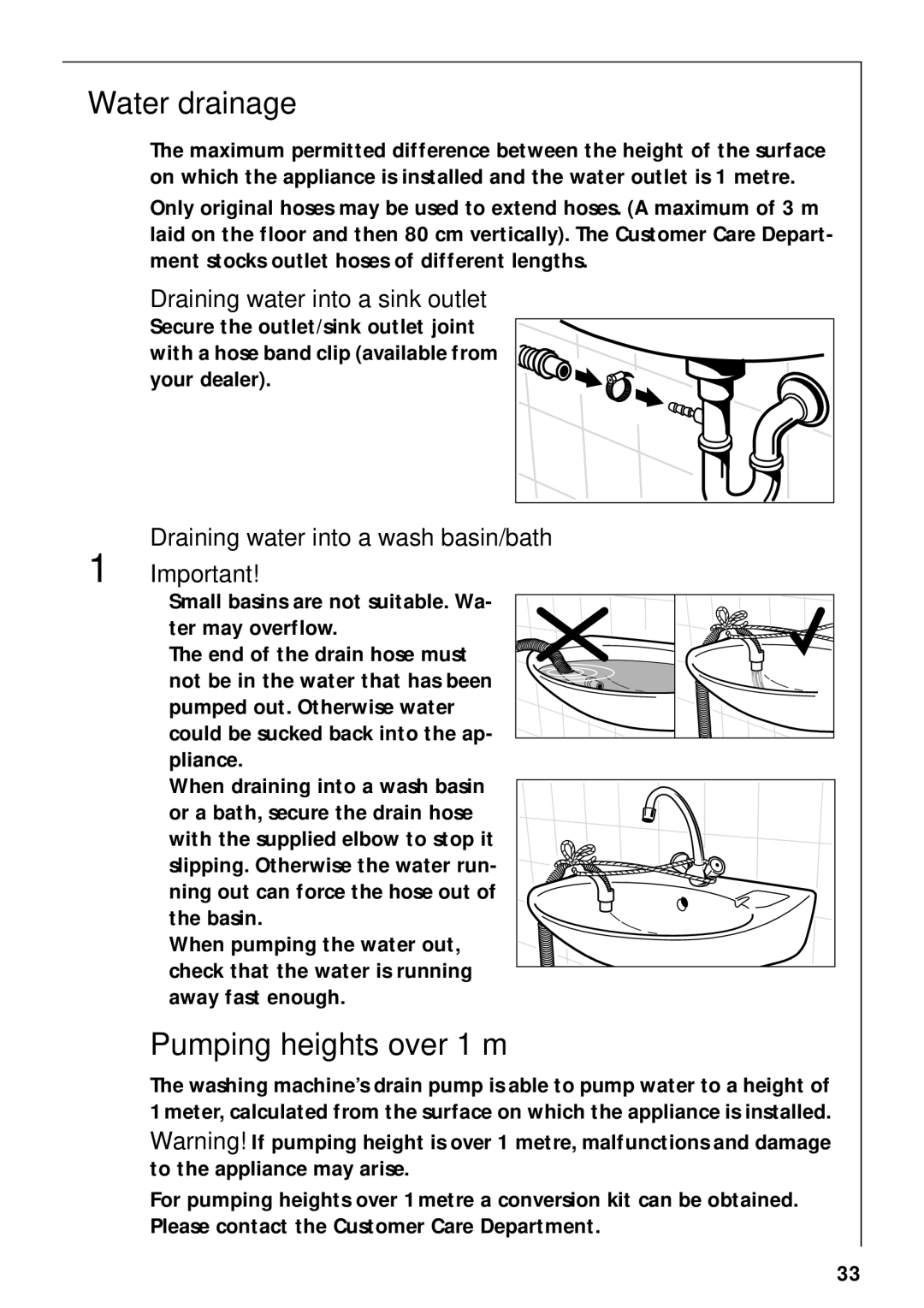 AEG 52610 manual Water drainage, Pumping heights over 1 m, Draining water into a wash basin/bath 