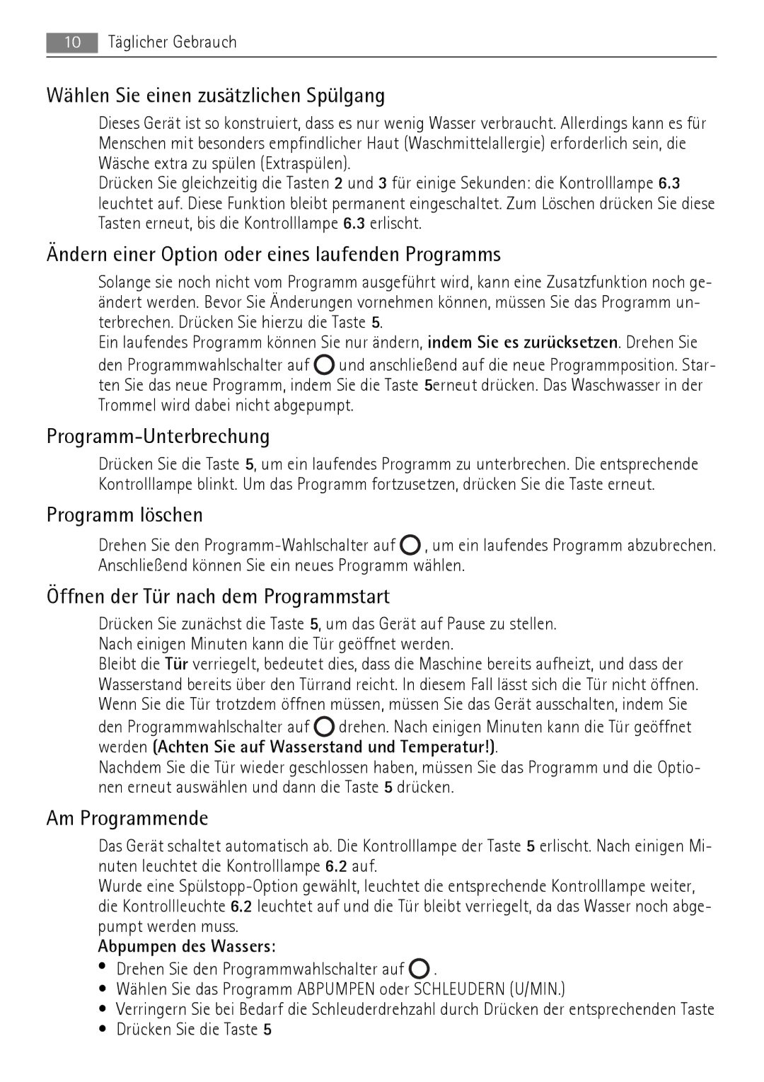 AEG 52630 Wählen Sie einen zusätzlichen Spülgang, Ändern einer Option oder eines laufenden Programms, Programm löschen 