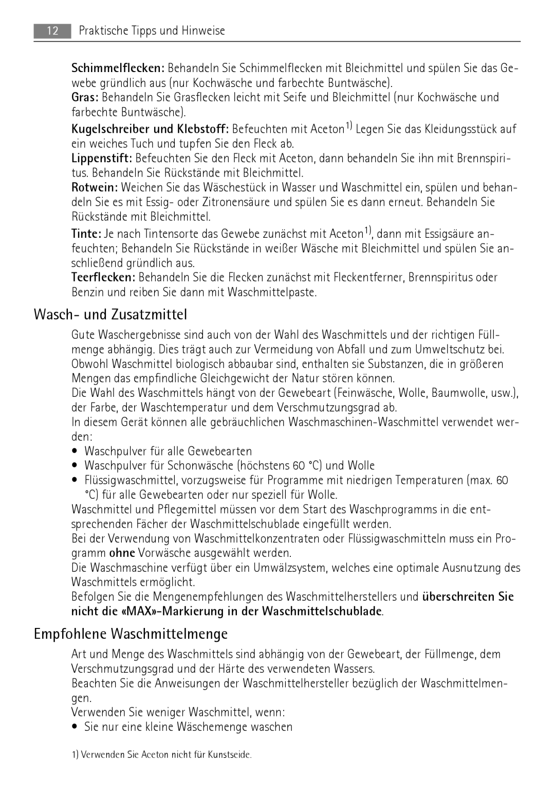 AEG 52630 manual Wasch- und Zusatzmittel, Empfohlene Waschmittelmenge, Praktische Tipps und Hinweise 